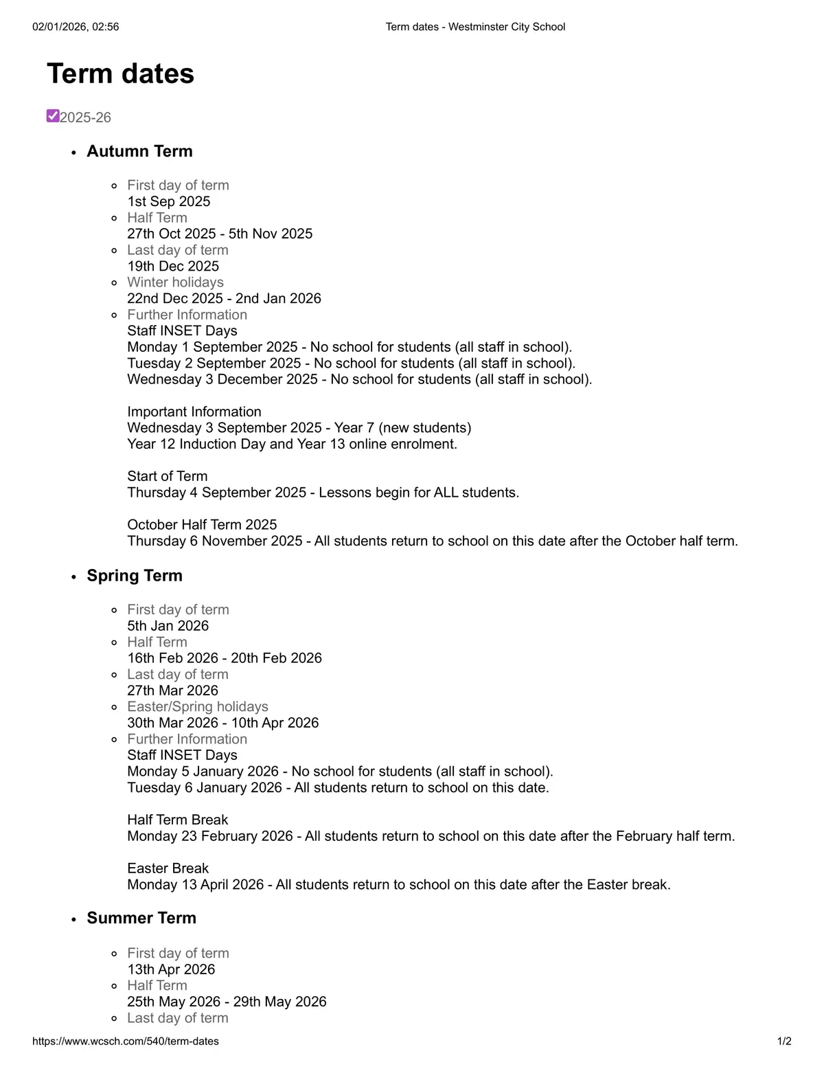 Westminster City School term dates
