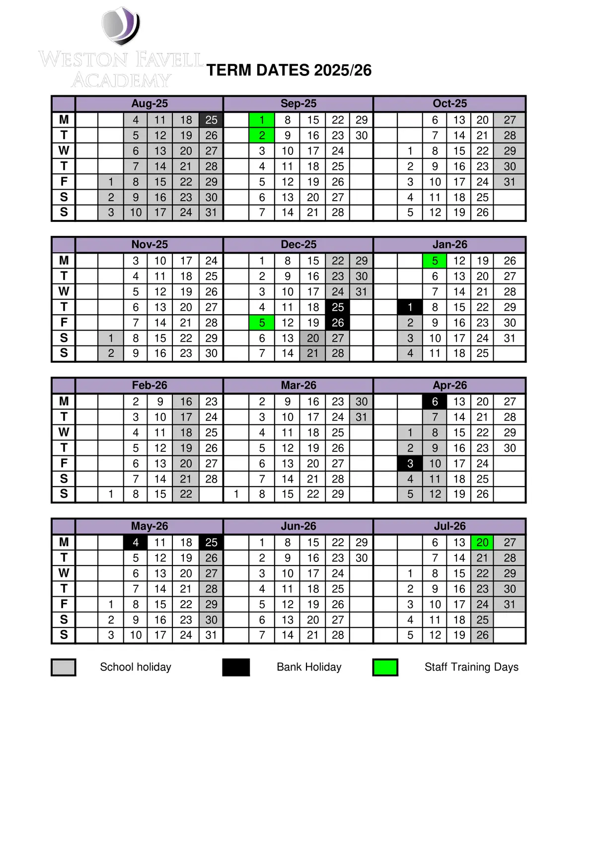 Weston Favell Academy term dates