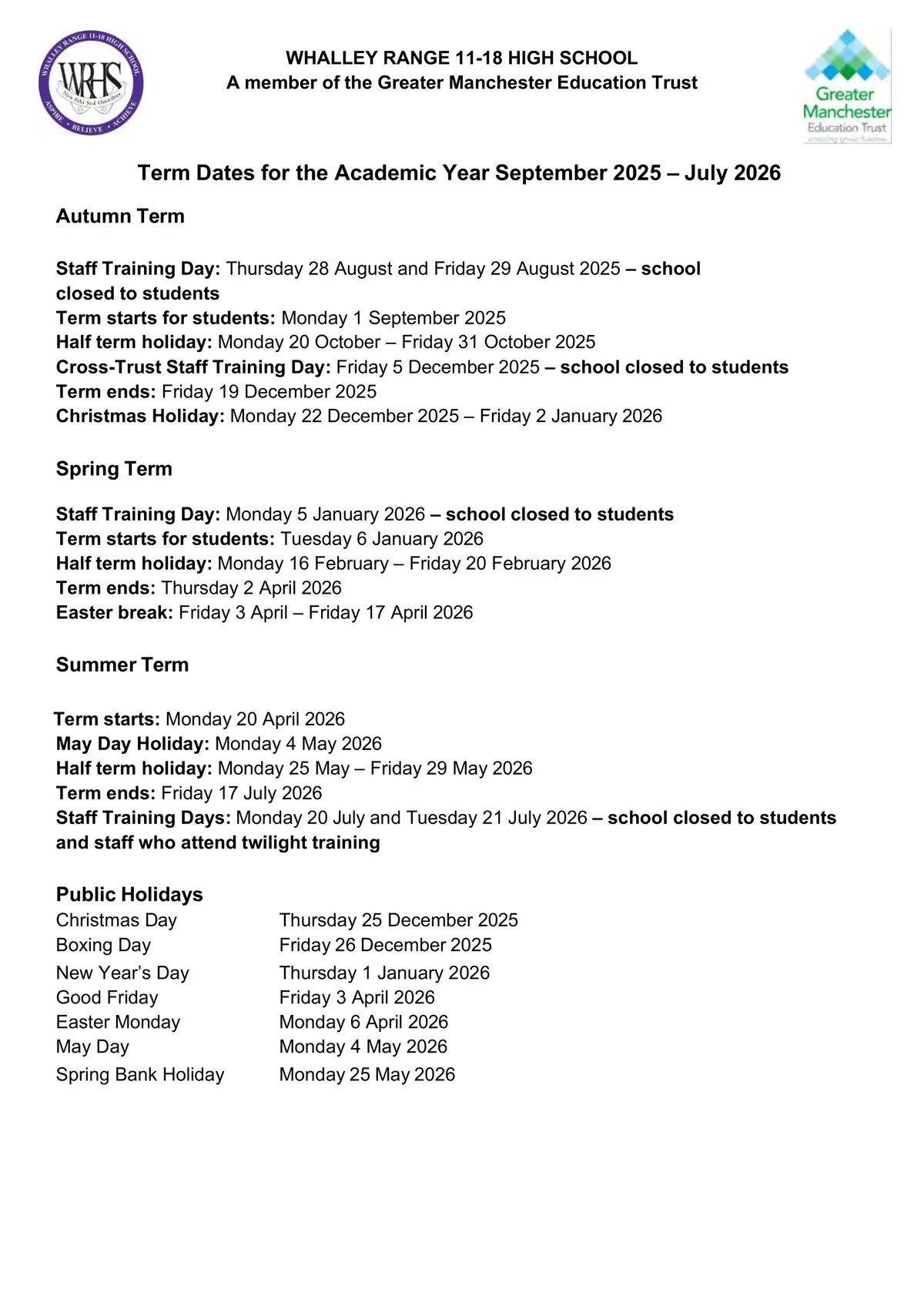 Whalley Range 11-18 High School term dates