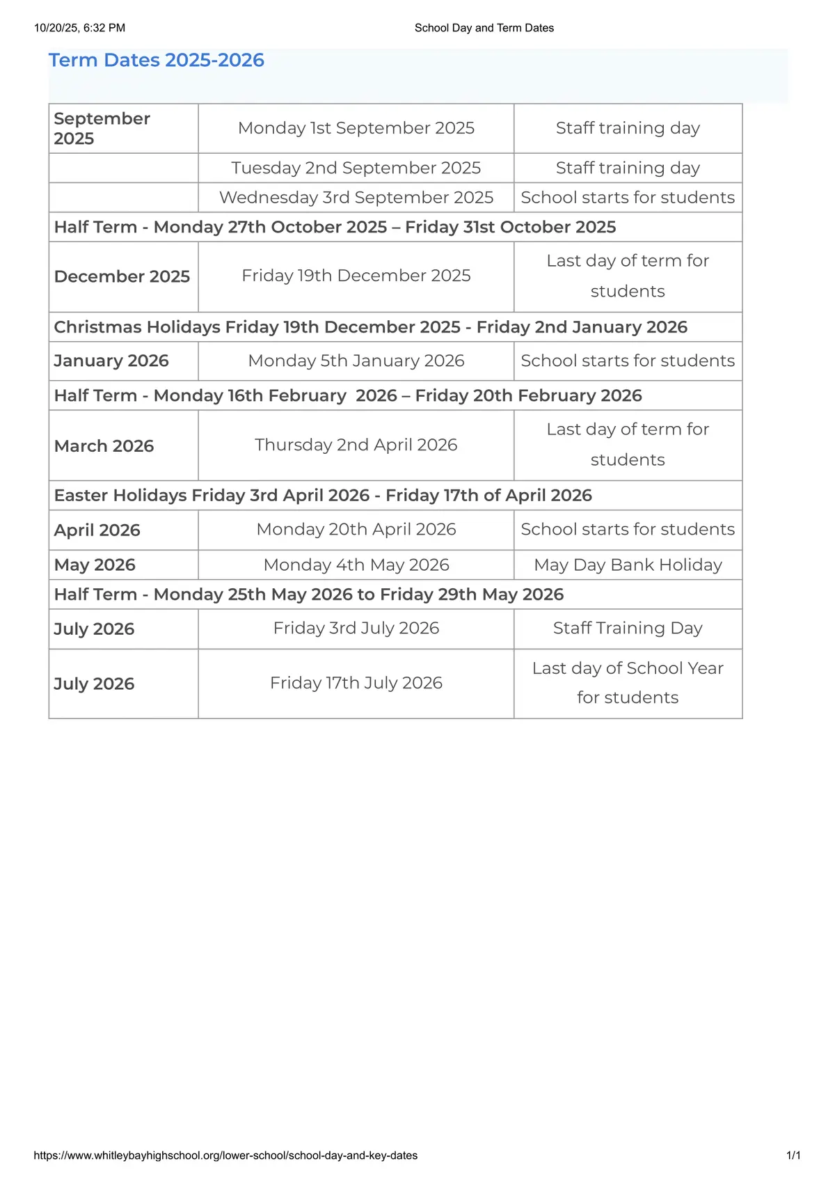 Whitley Bay High School term dates