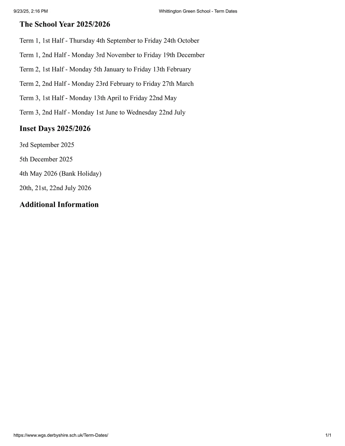Whittington Green School term dates