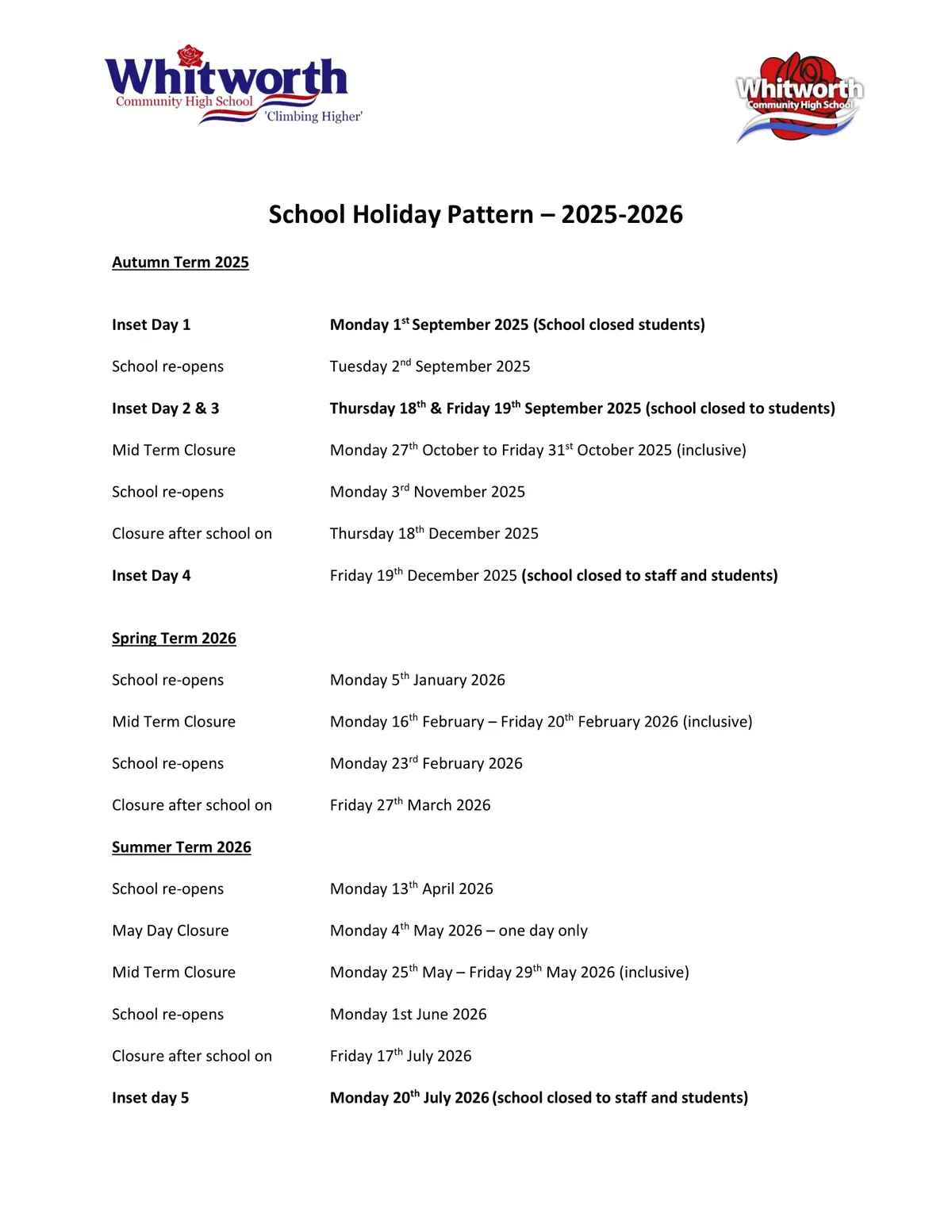 Whitworth Community High School term dates