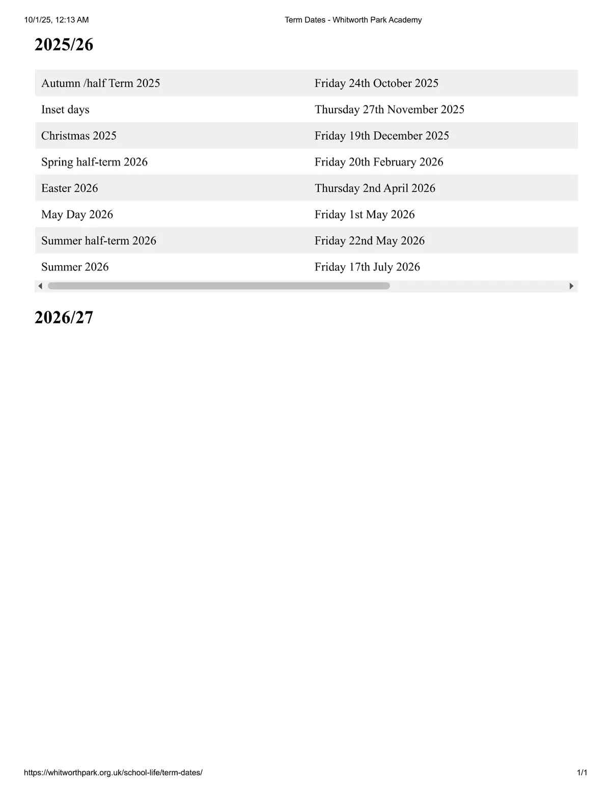 Whitworth Park Academy term dates
