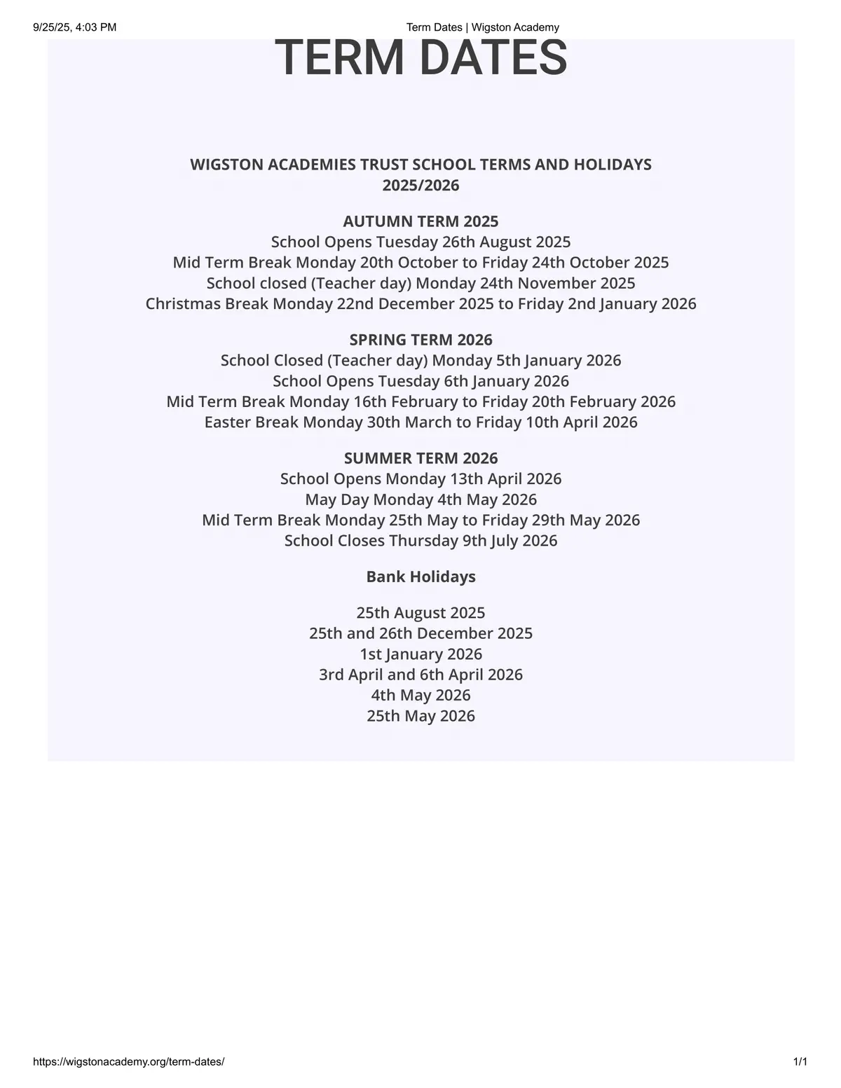 Wigston Academy term dates