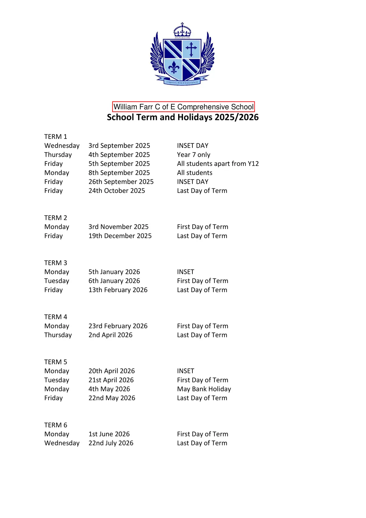 William Farr CofE Comprehensive School term dates