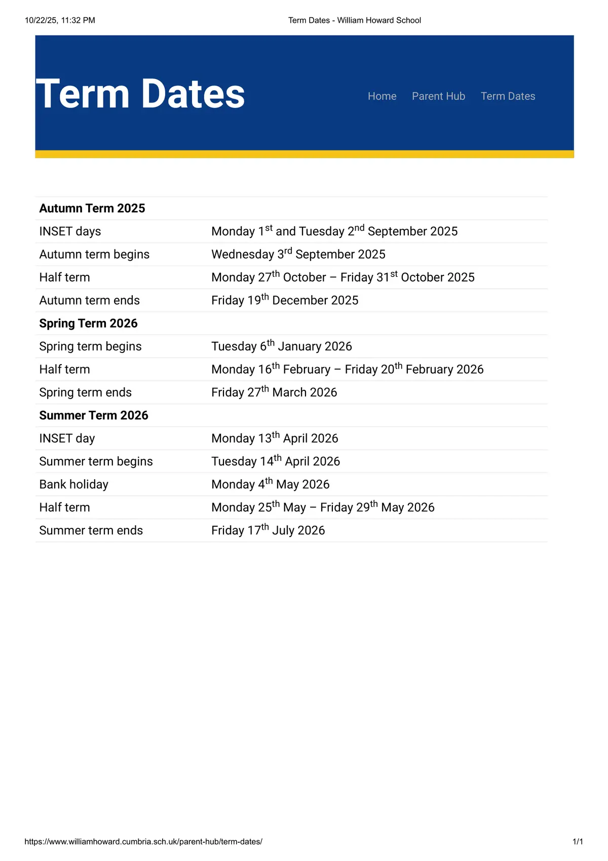 William Howard School term dates