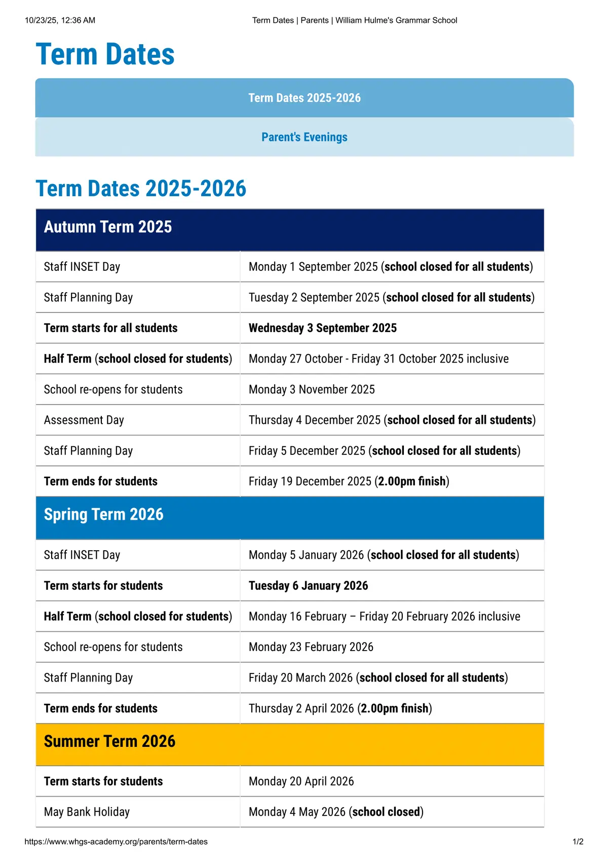 William Hulme's Grammar School term dates