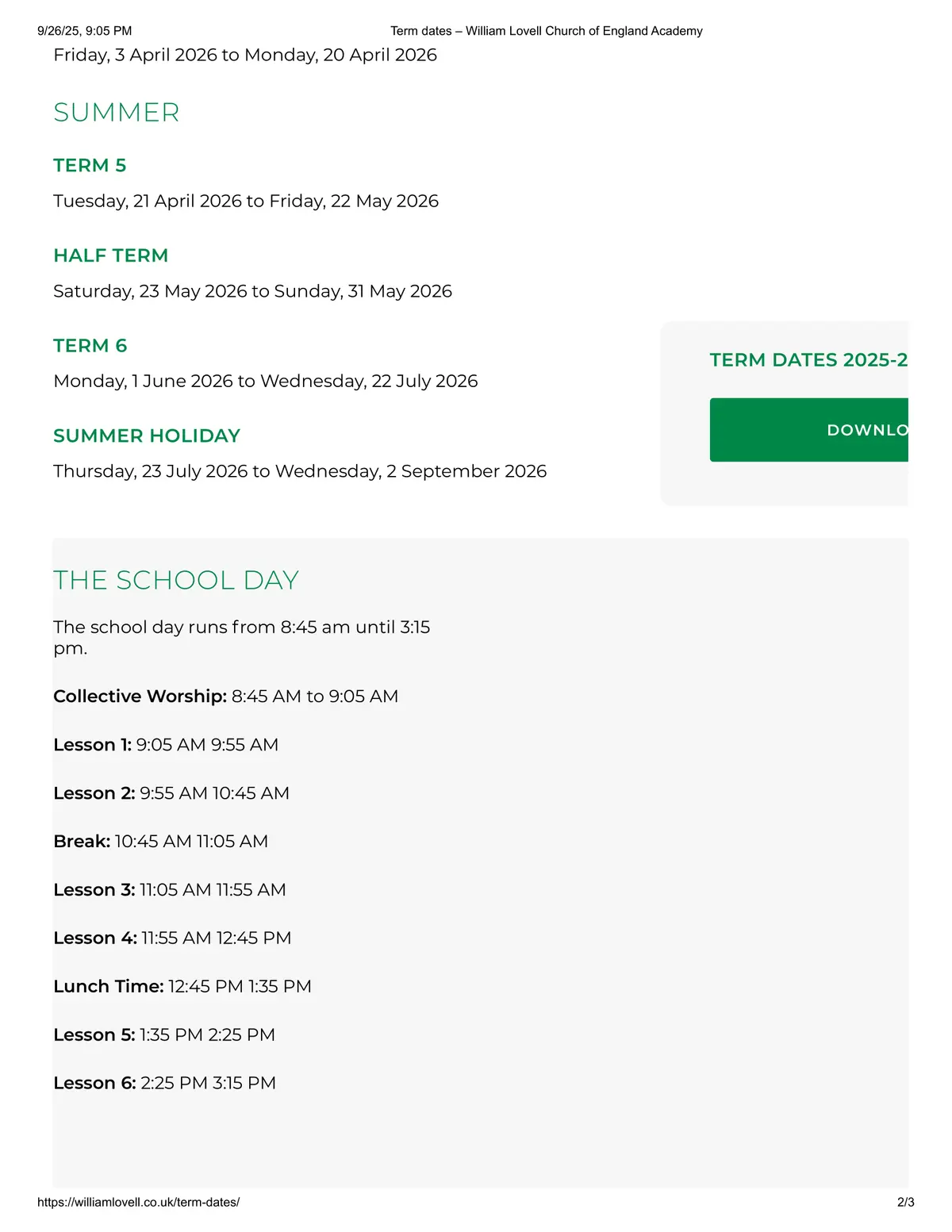 William Lovell Church of England Academy term dates