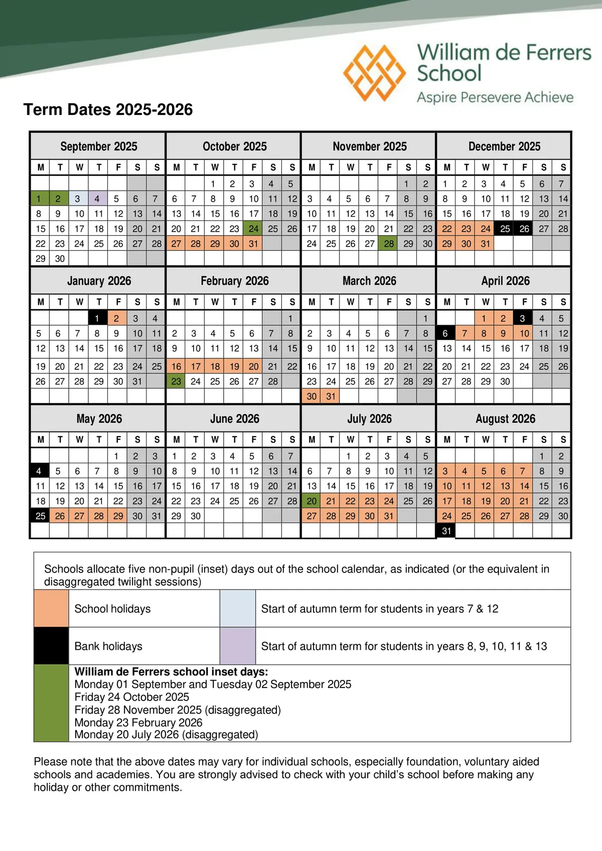 William de Ferrers School term dates