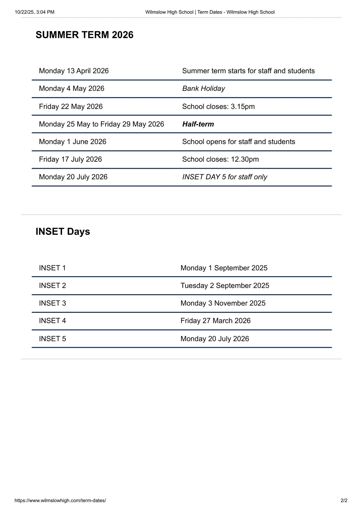 Wilmslow High School term dates