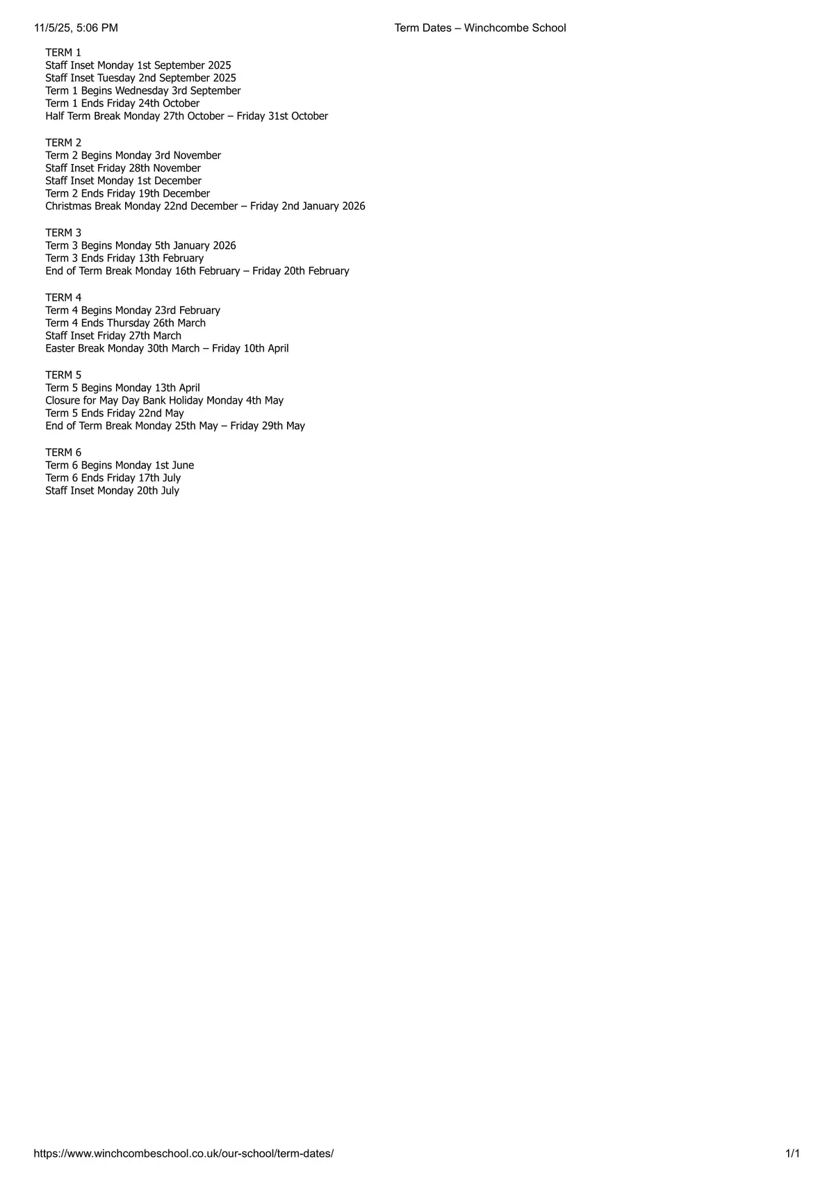 Winchcombe School term dates