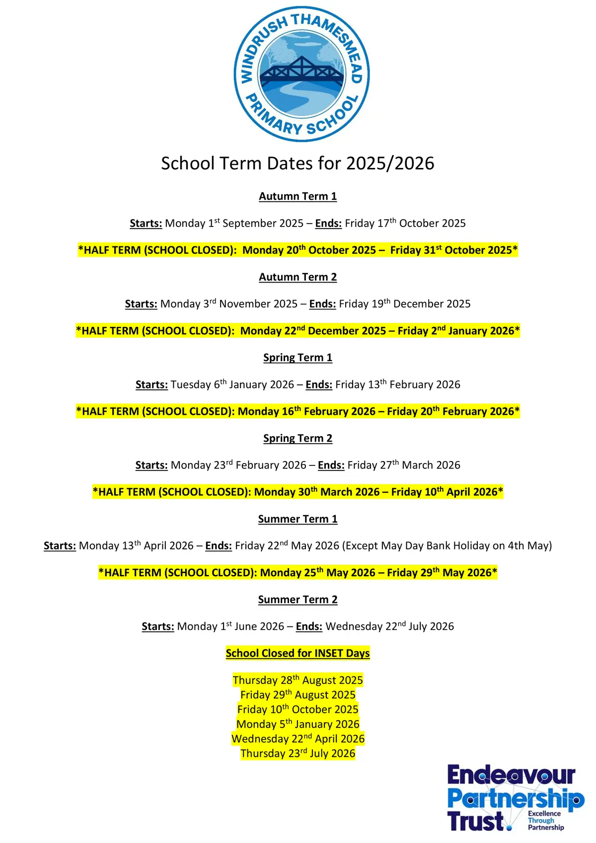Windrush Thamesmead Primary School term dates