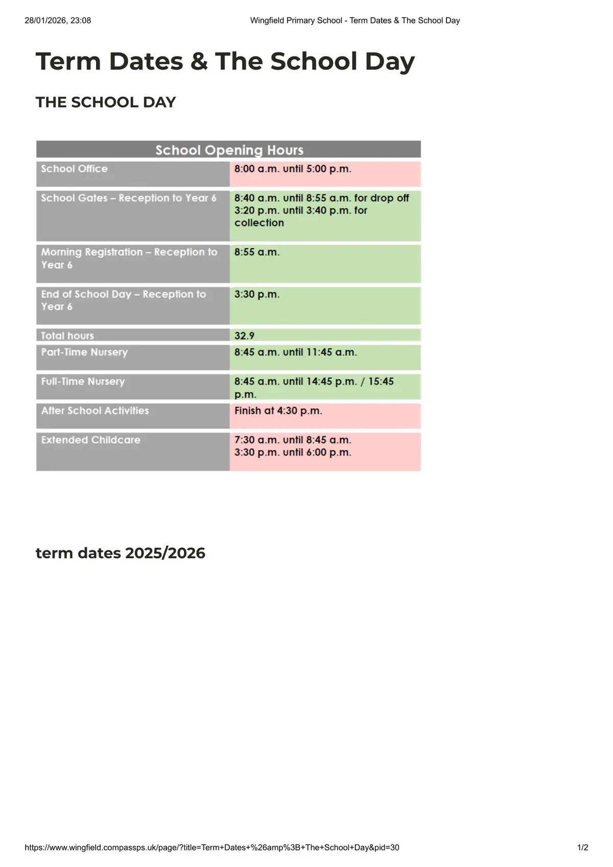 Wingfield Primary School term dates