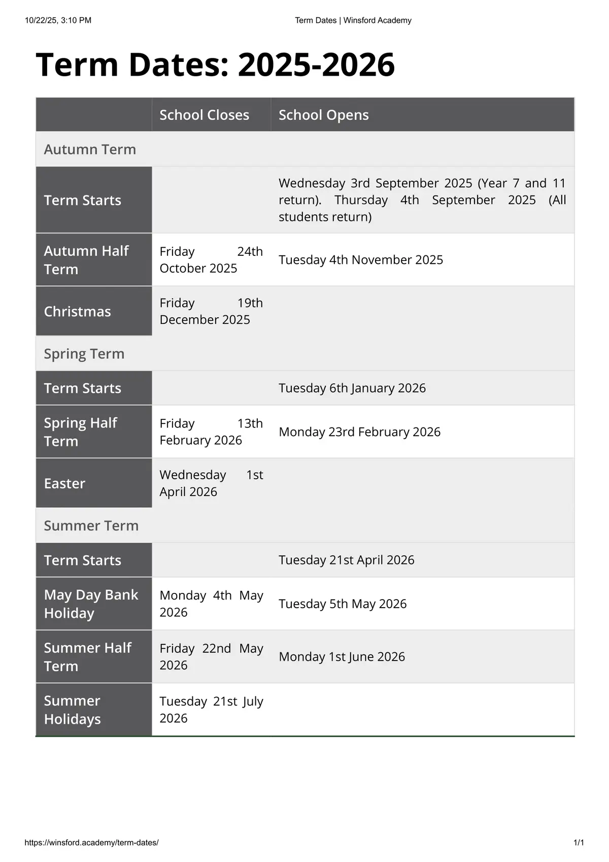 The Winsford Academy term dates