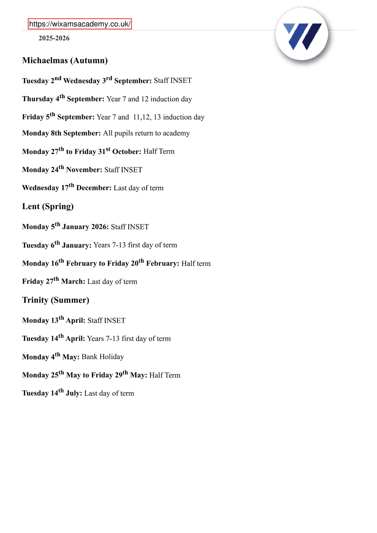 Wixams Academy term dates