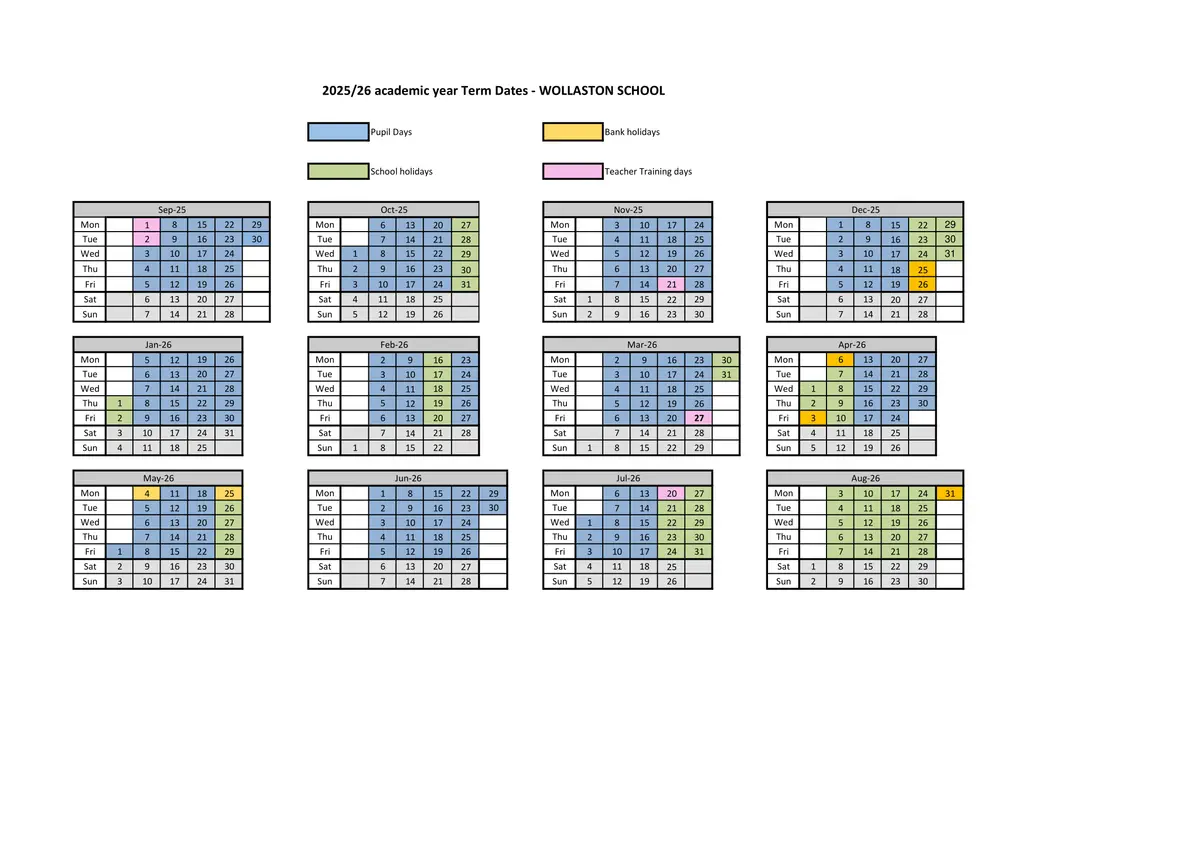 Wollaston School term dates