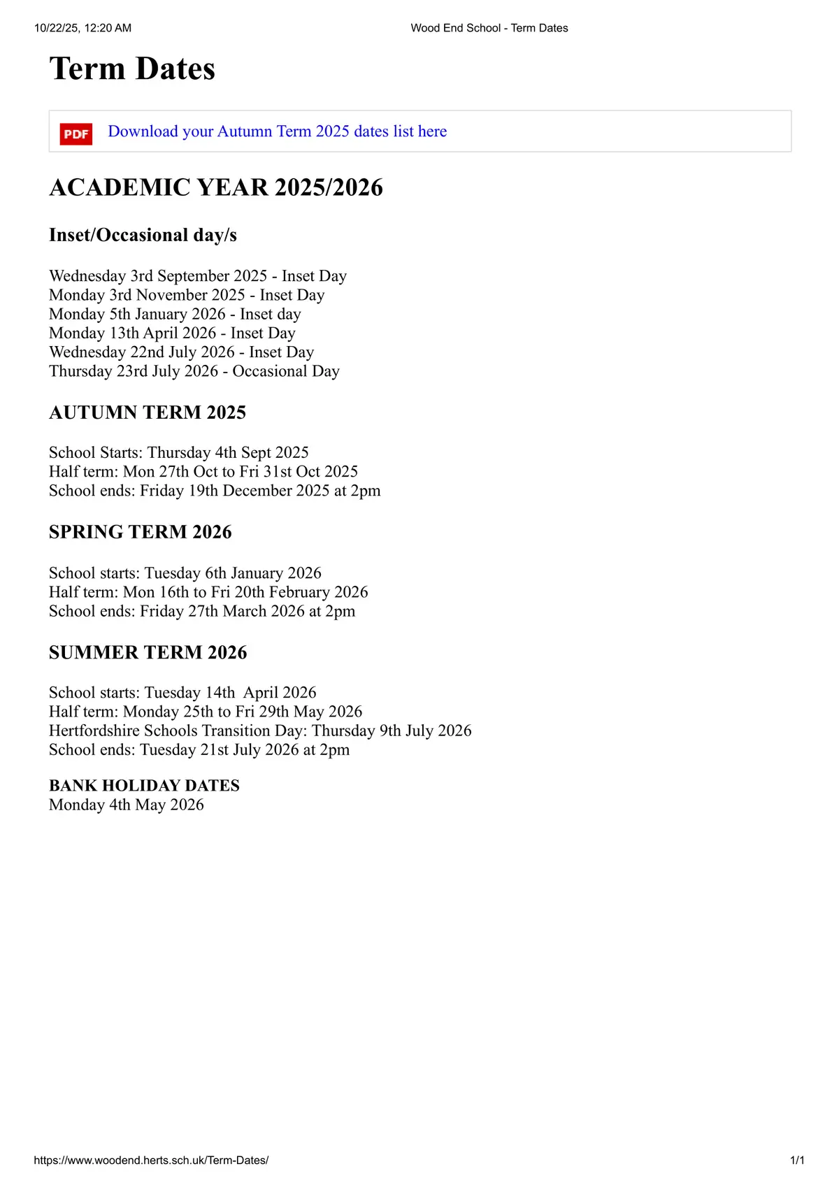 Wood End School term dates