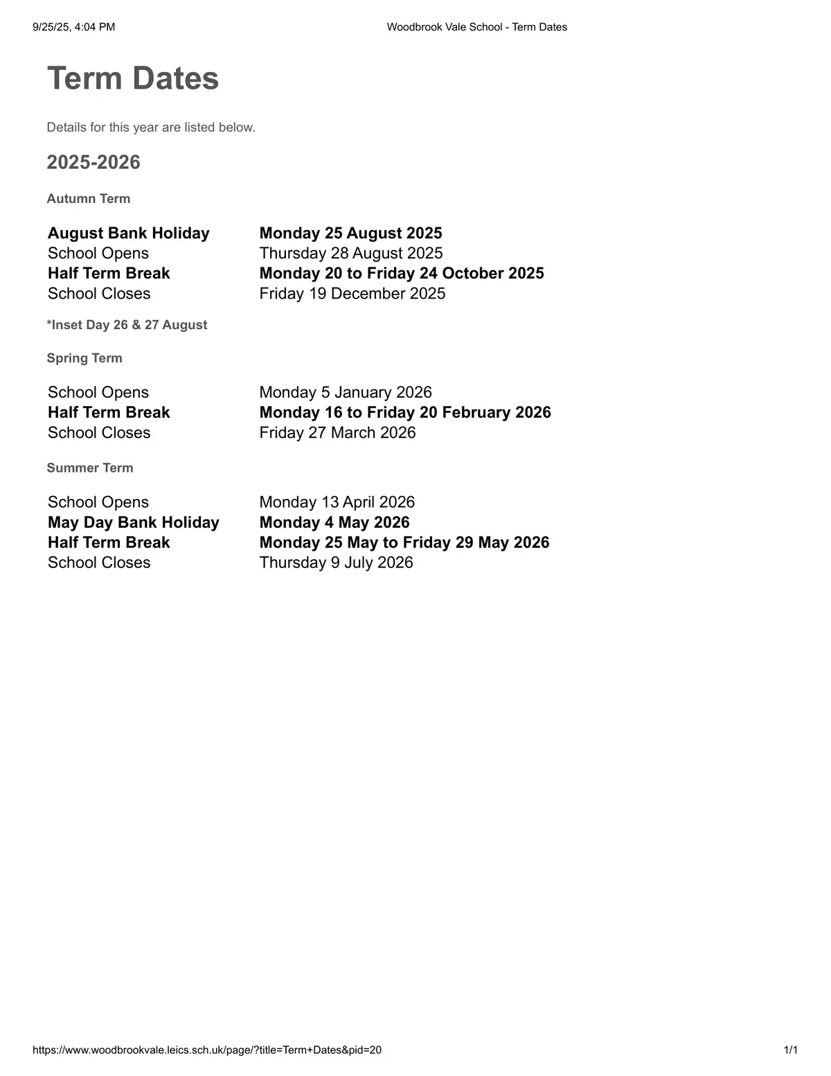 Woodbrook Vale School term dates