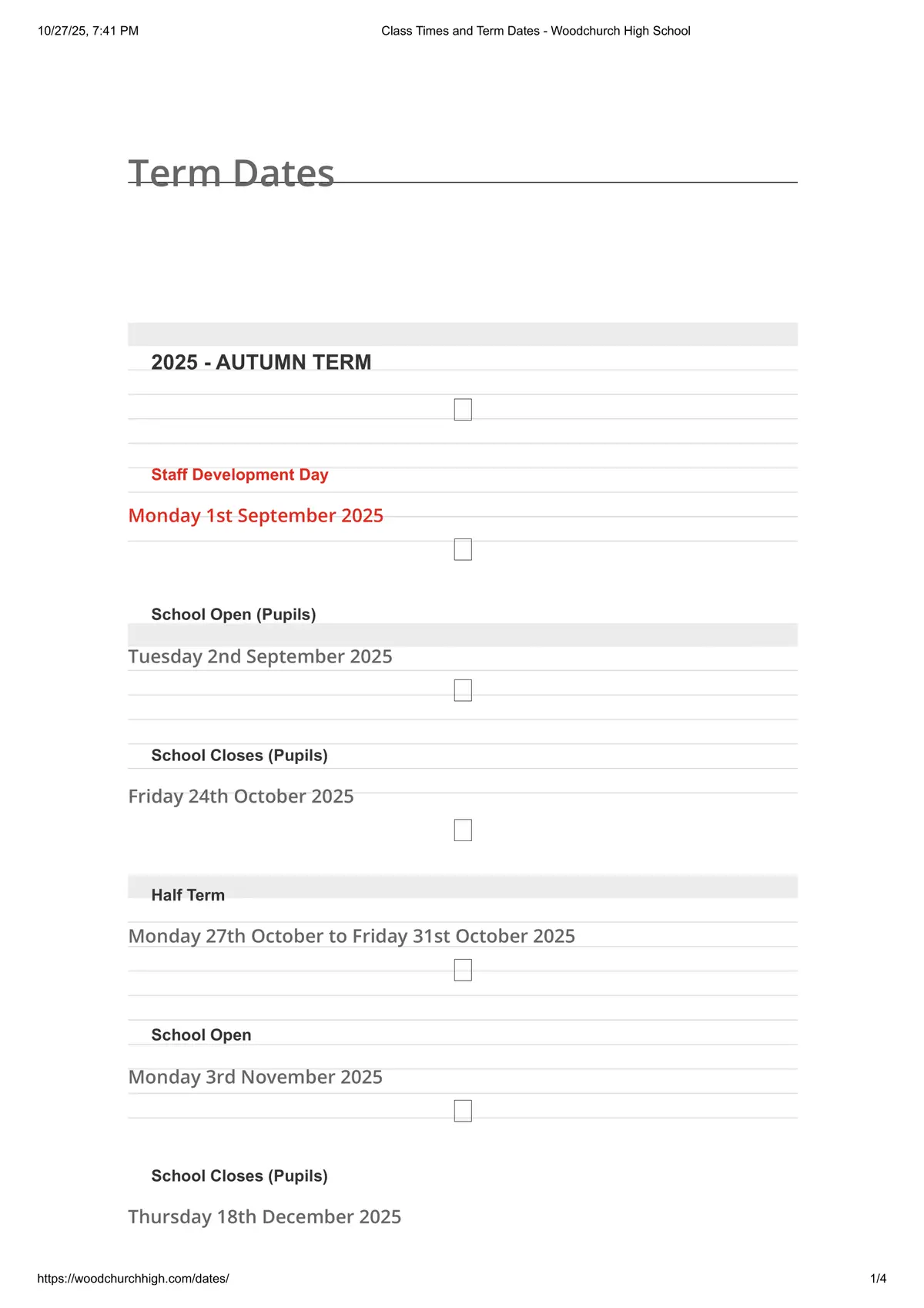Woodchurch High School term dates