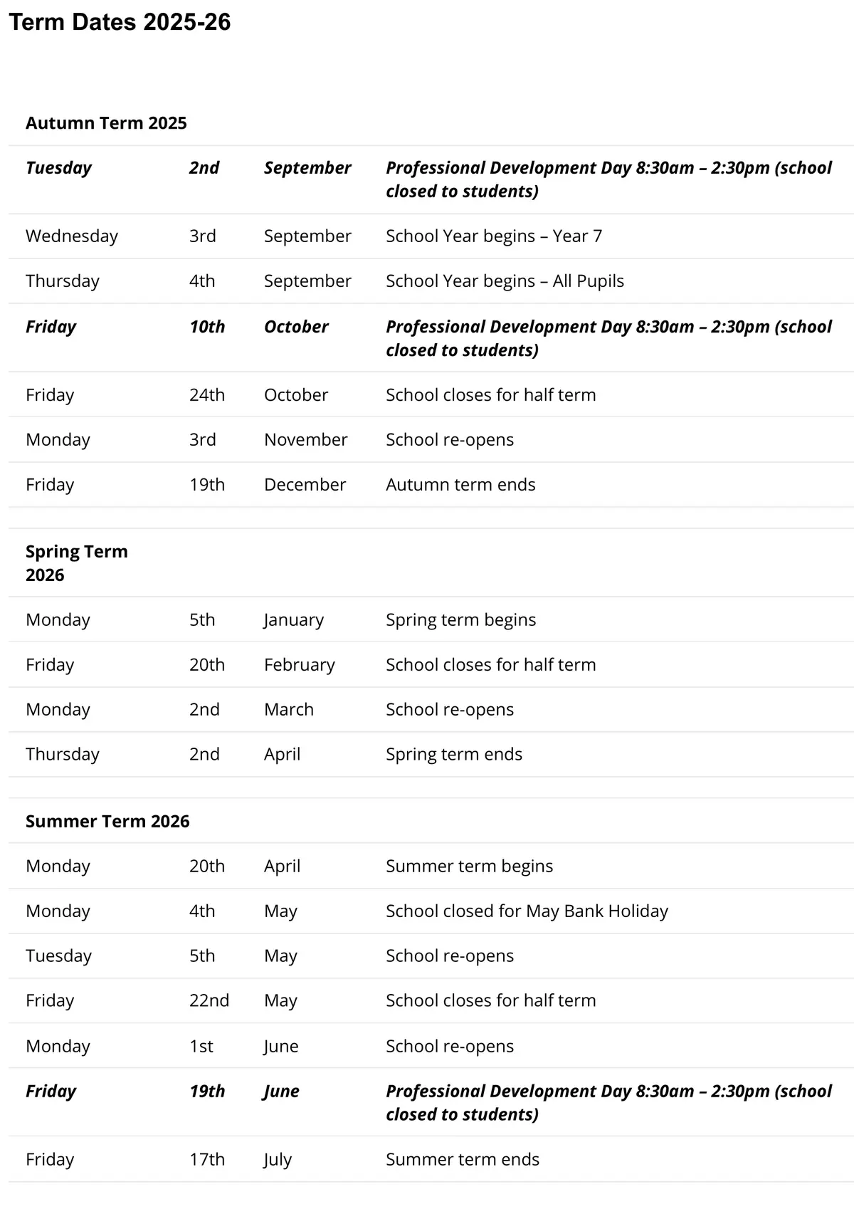 Woodham Academy term dates