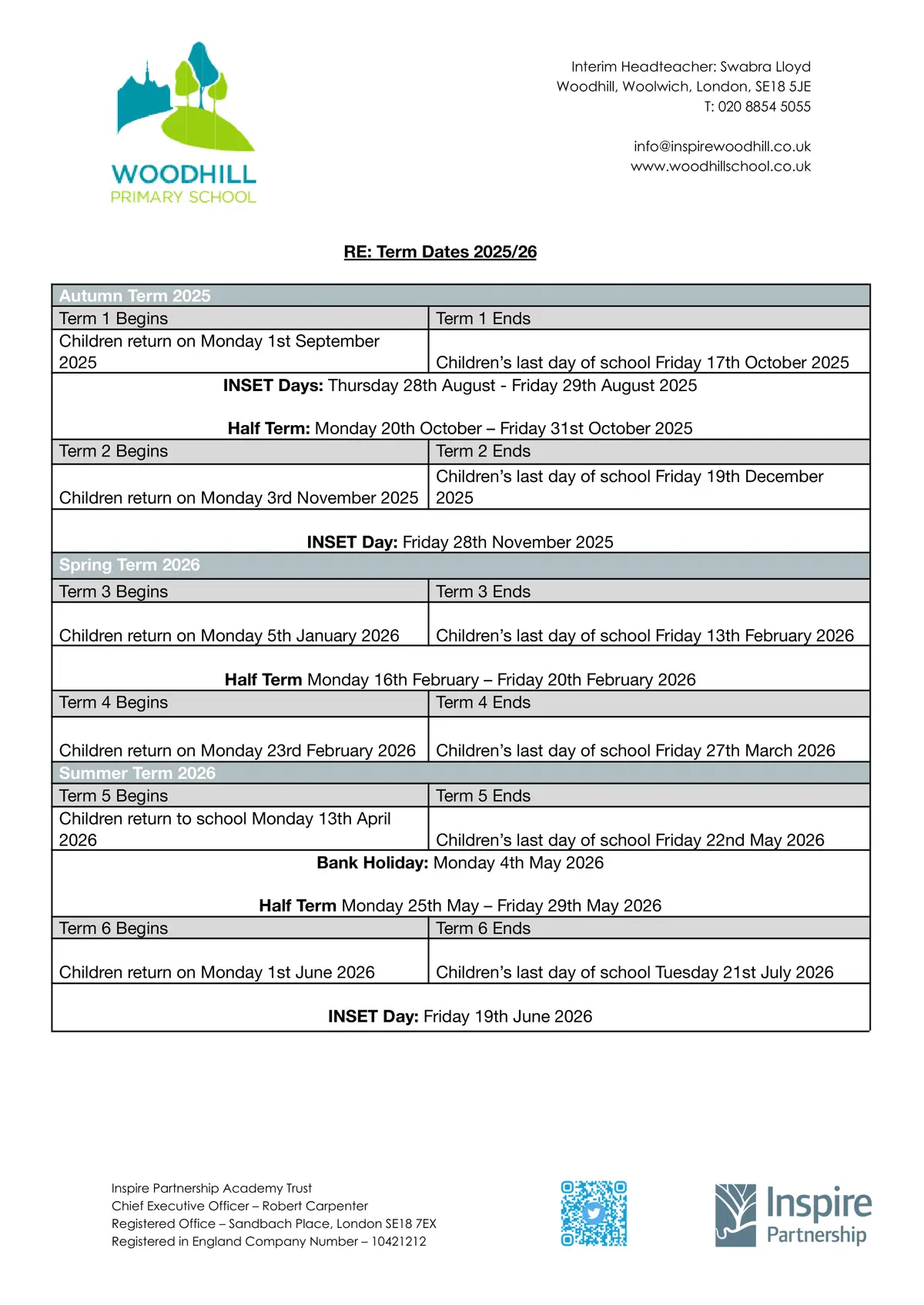 Woodhill Primary School term dates