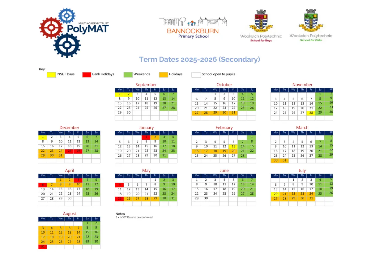 Woolwich Polytechnic School term dates