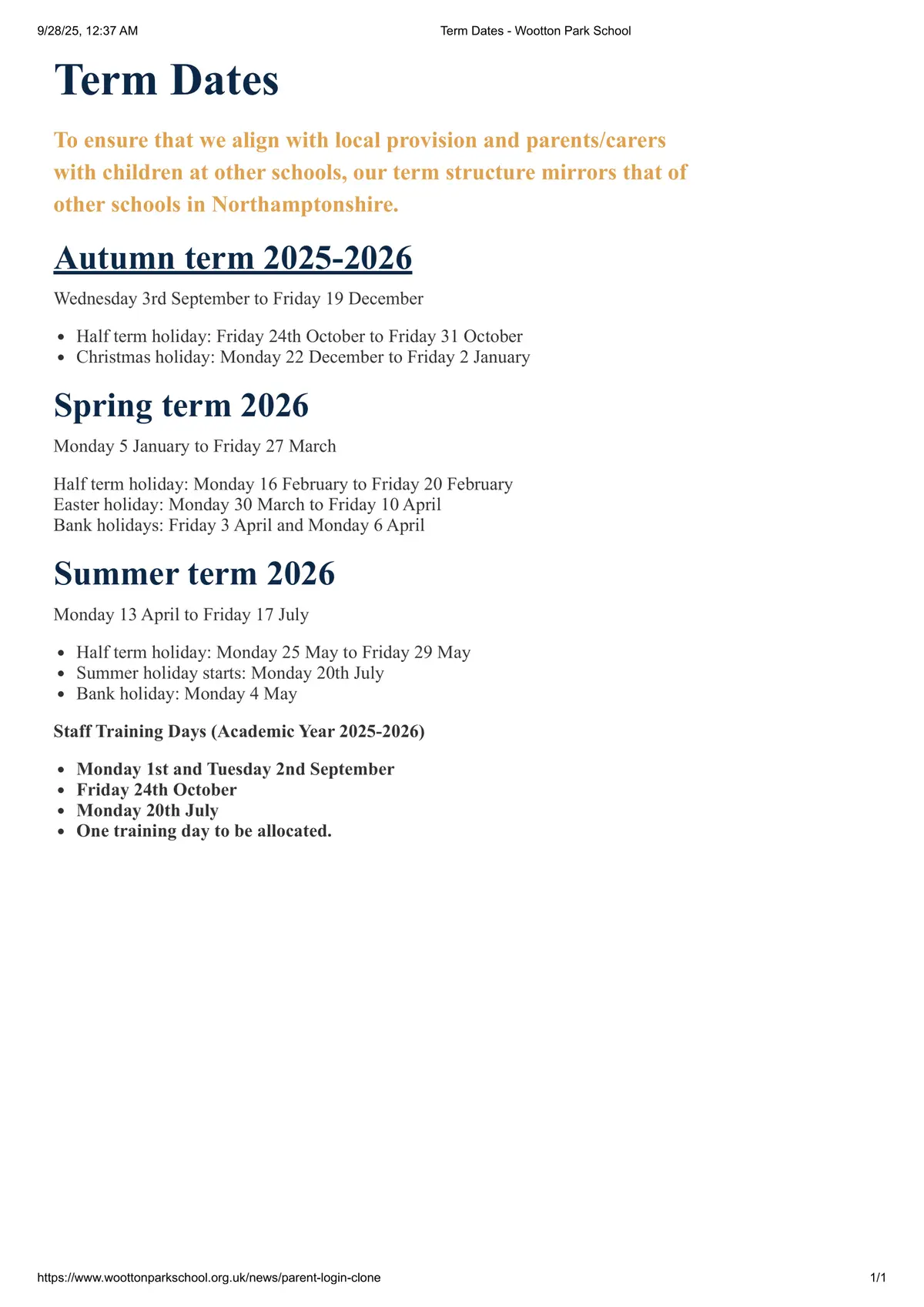 Wootton Park School term dates