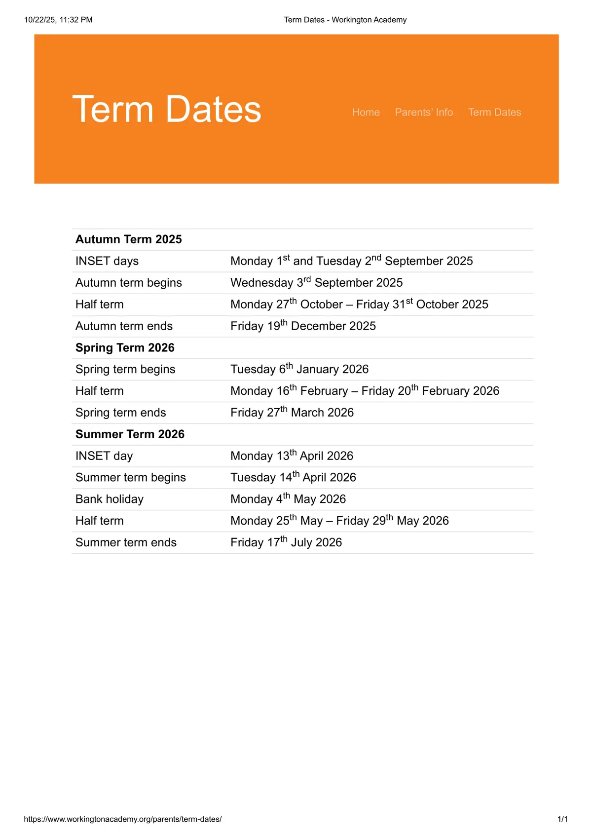 Workington Academy term dates