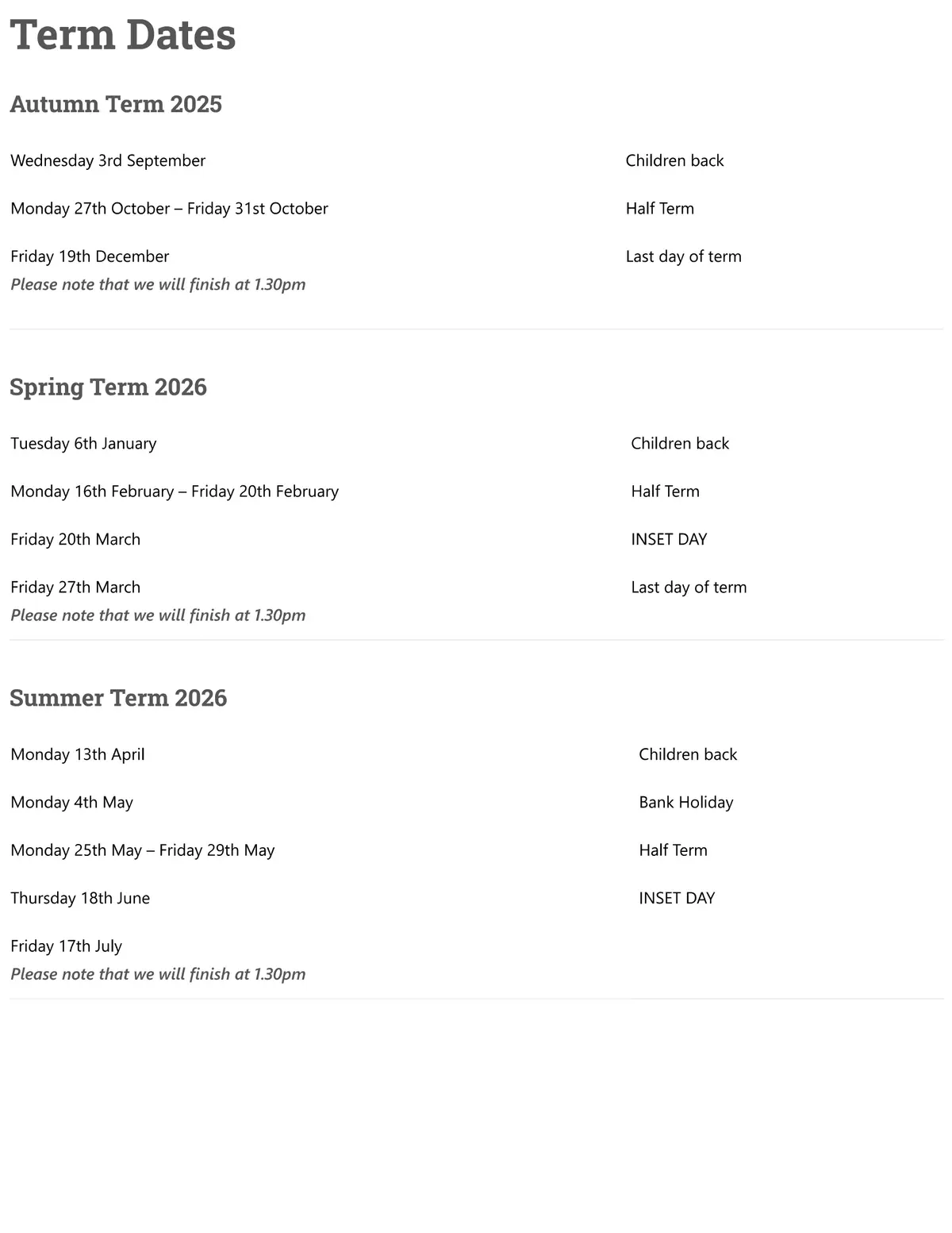 Wormholt Park Primary School term dates