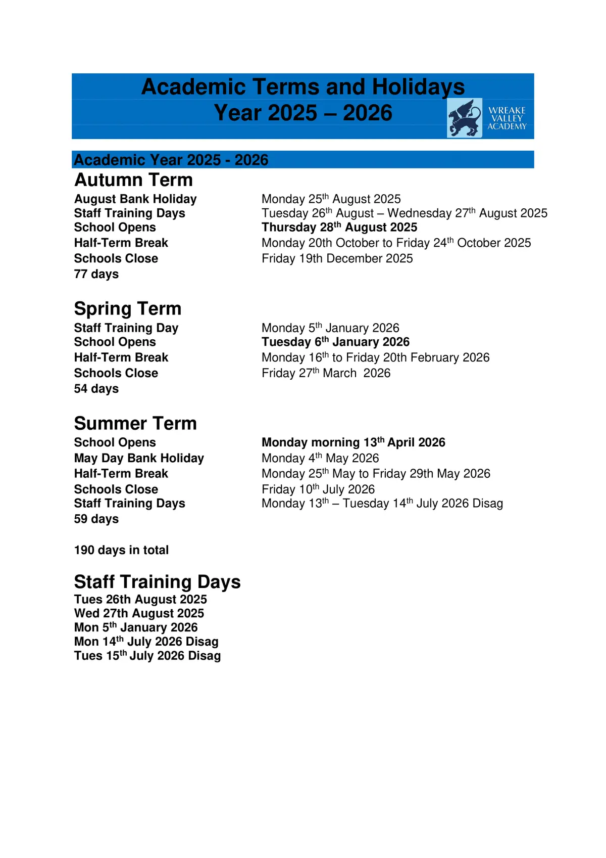 Wreake Valley Academy term dates