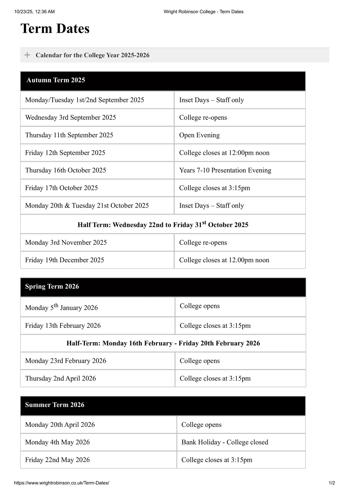 Wright Robinson College term dates