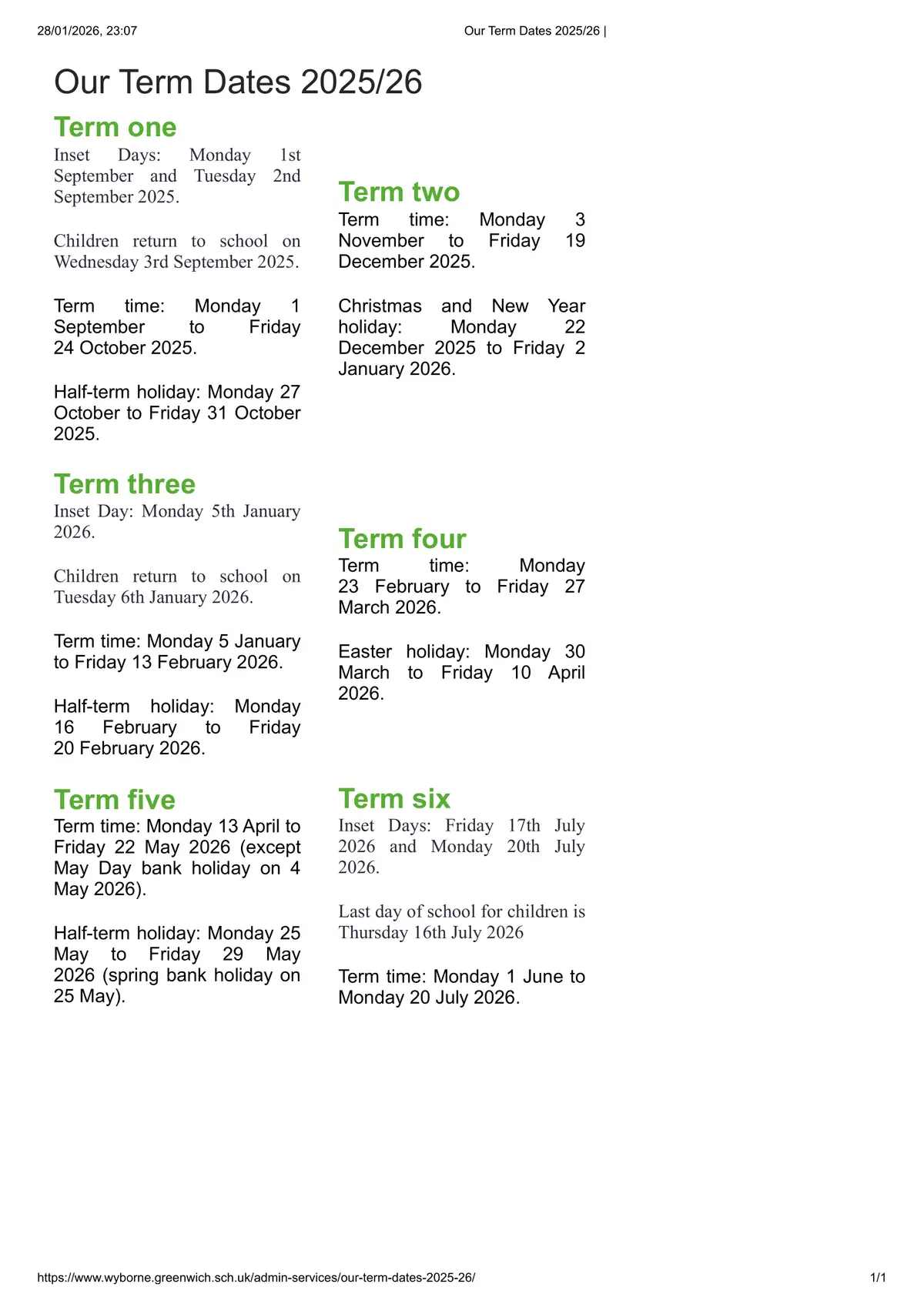 Wyborne Primary School term dates