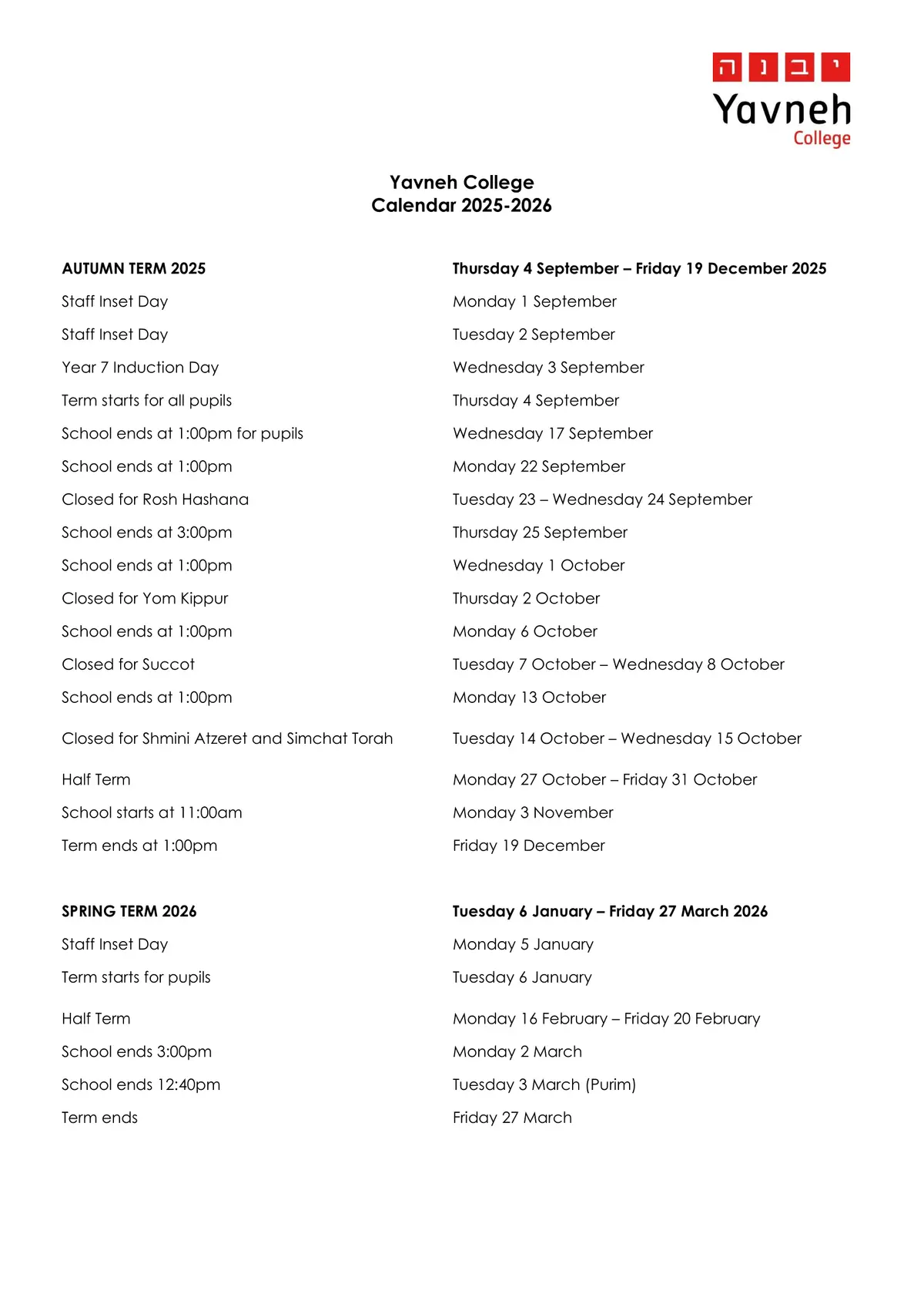 Yavneh College term dates