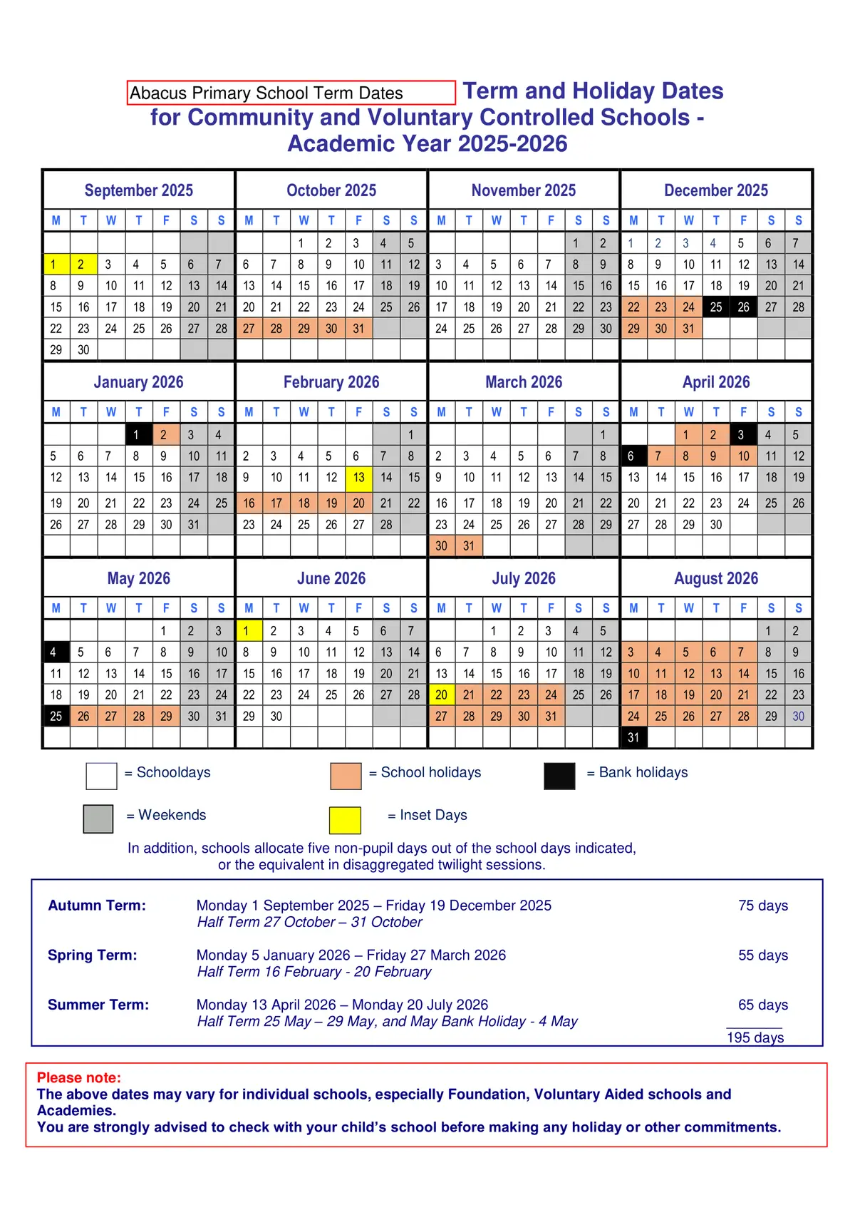 Abacus Primary School term dates
