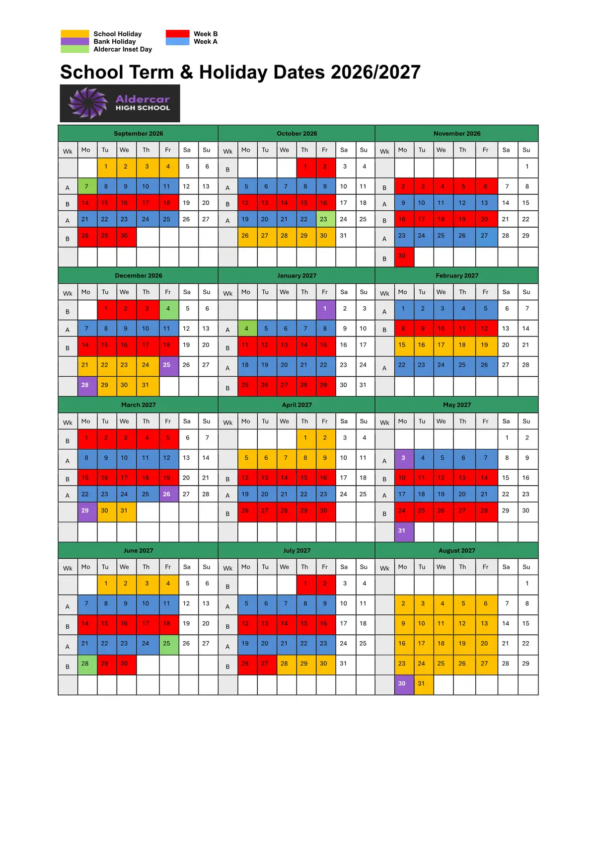 Aldercar High School term dates