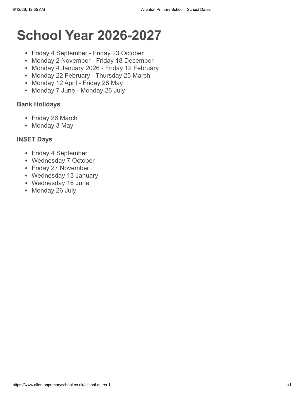 Allenton Primary School term dates