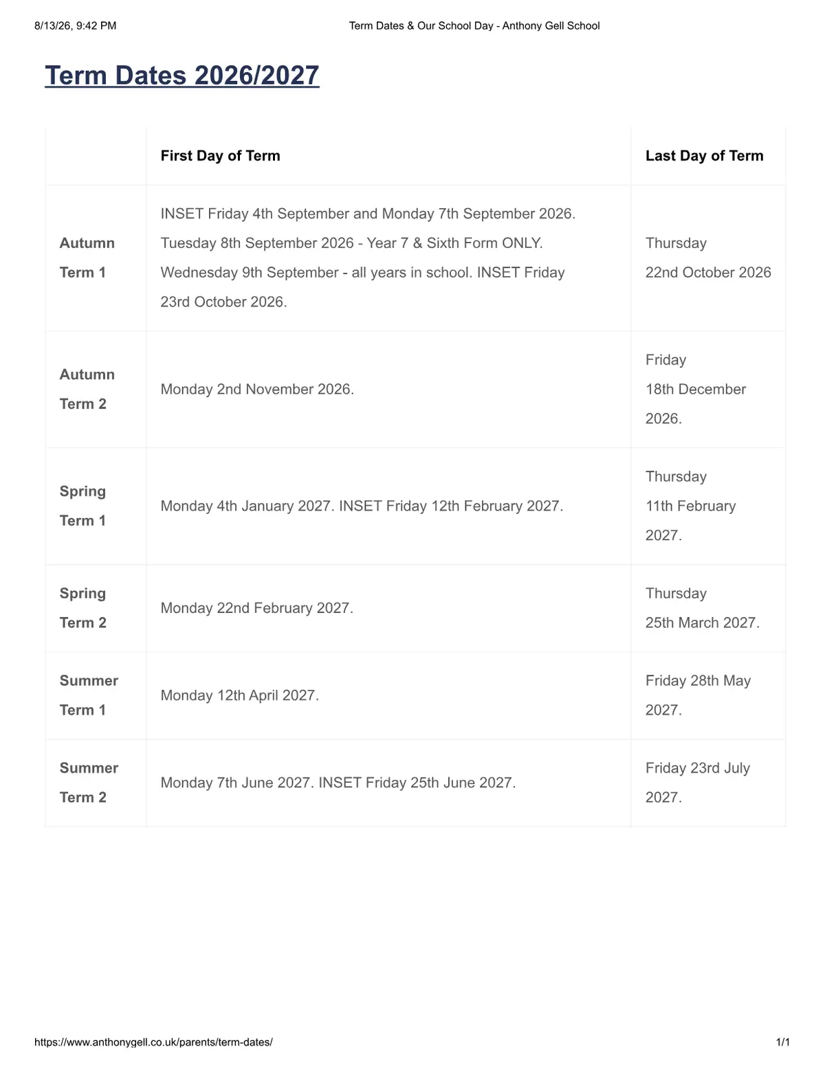 Anthony Gell School term dates