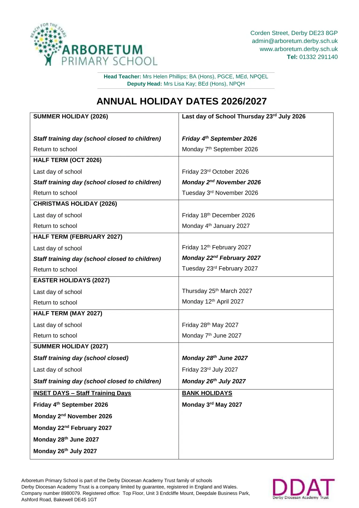 Arboretum Primary School term dates