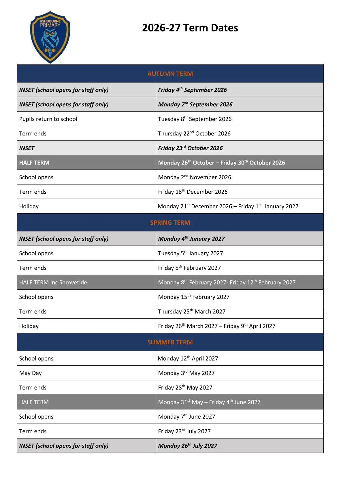Ashbourne Primary School original calendar 2026–2027