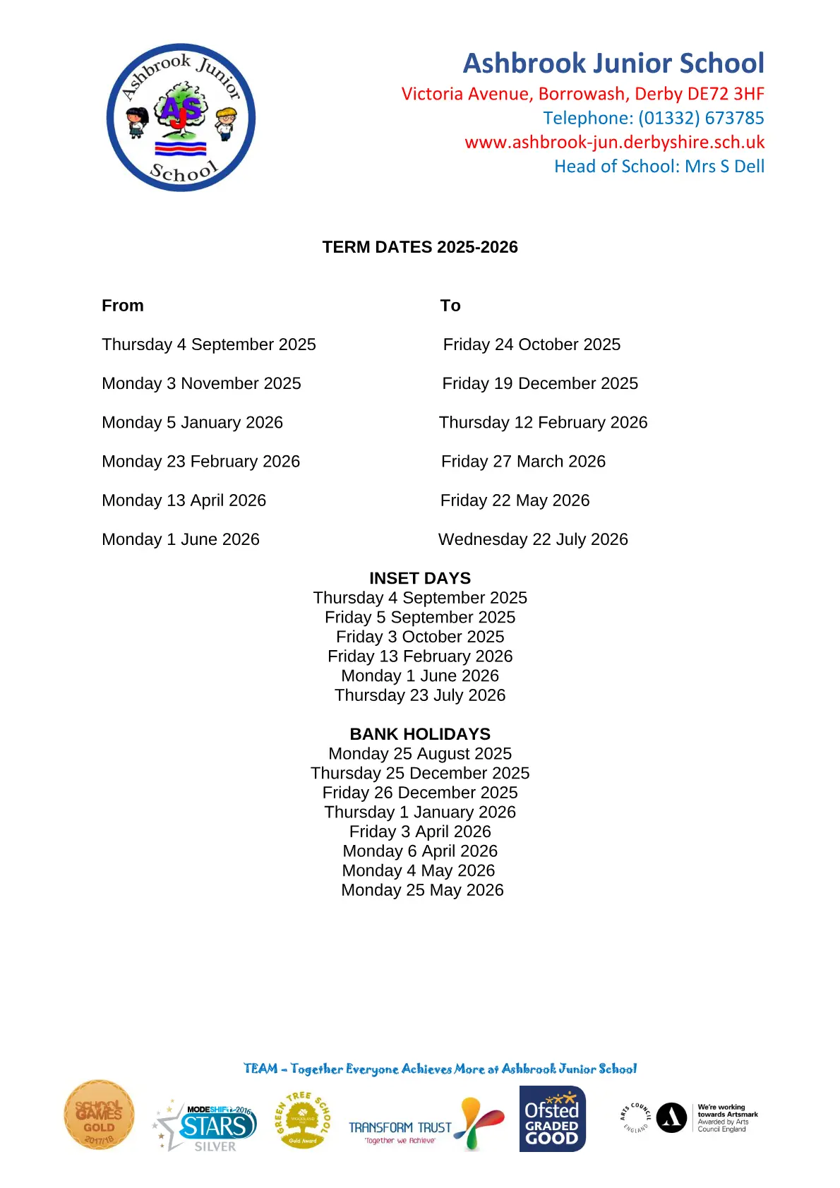 Ashbrook Junior School original calendar 2026–2027