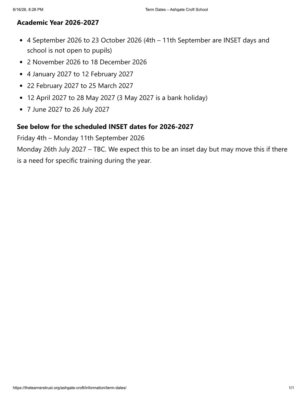 Ashgate Croft School original calendar 2026–2027