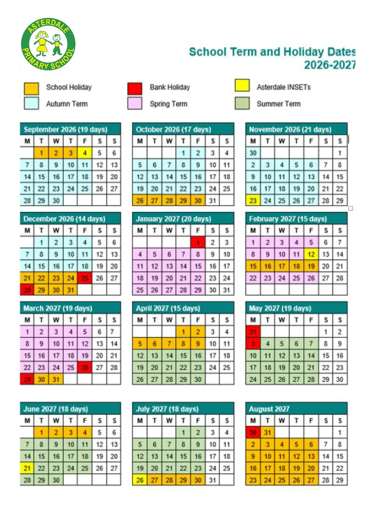 Asterdale Primary School term dates