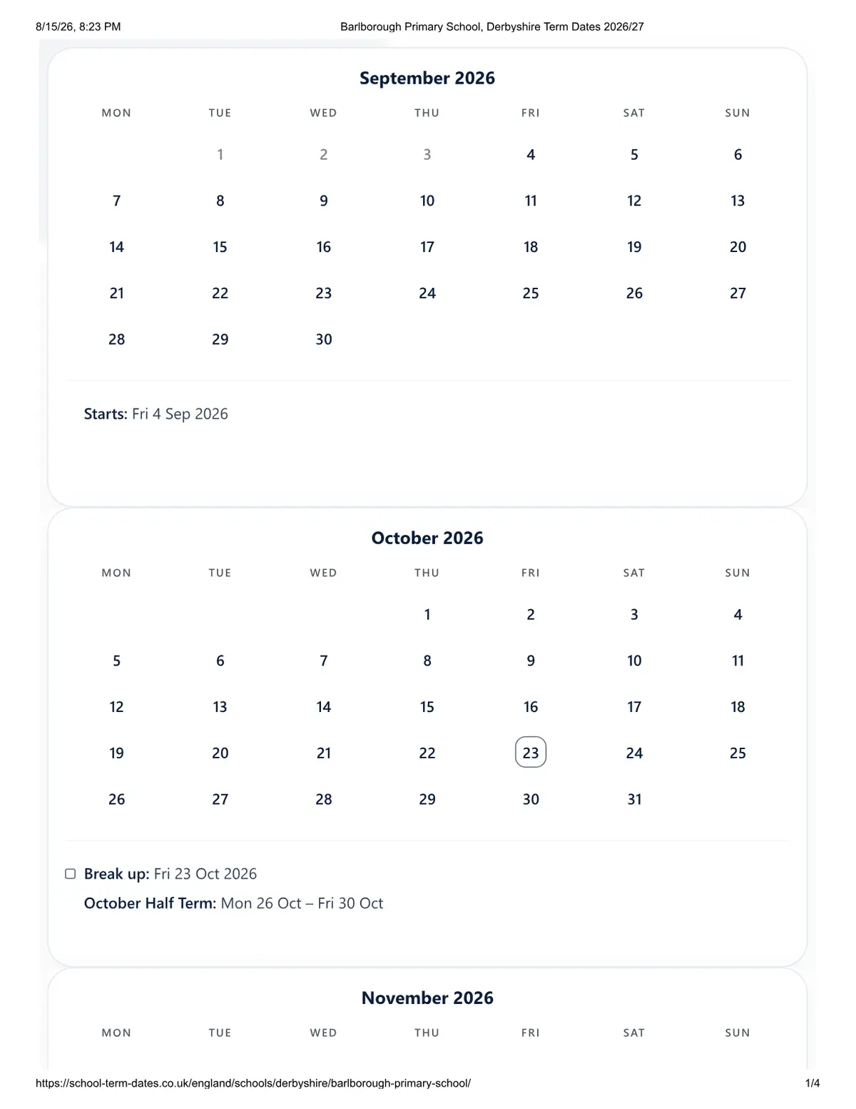 Barlborough Primary School original calendar 2026–2027