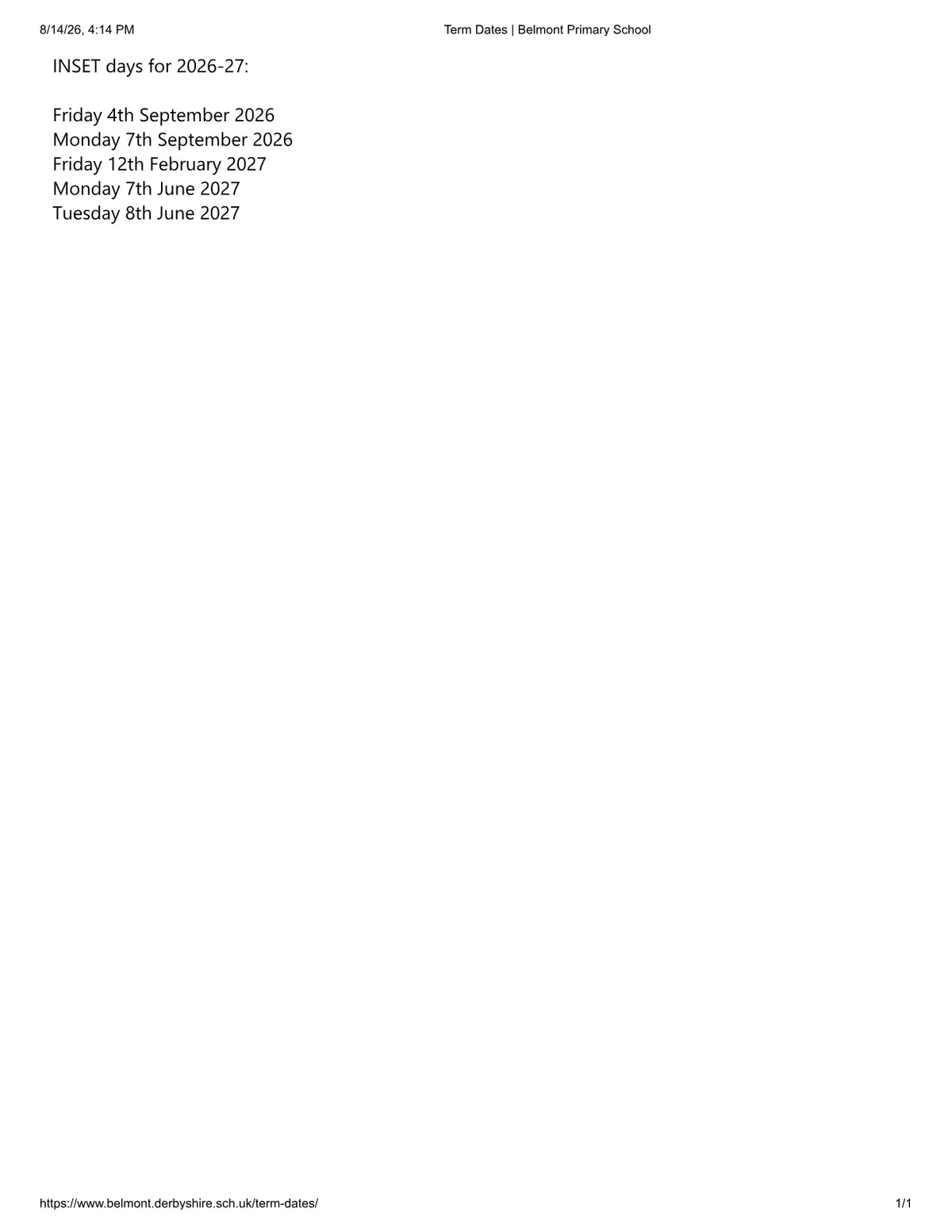 Belmont Primary School term dates