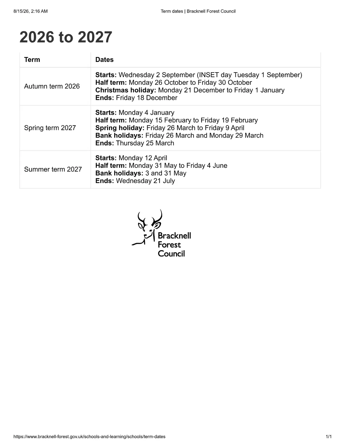 Bracknell Forest Council term dates calendar 2026–2027