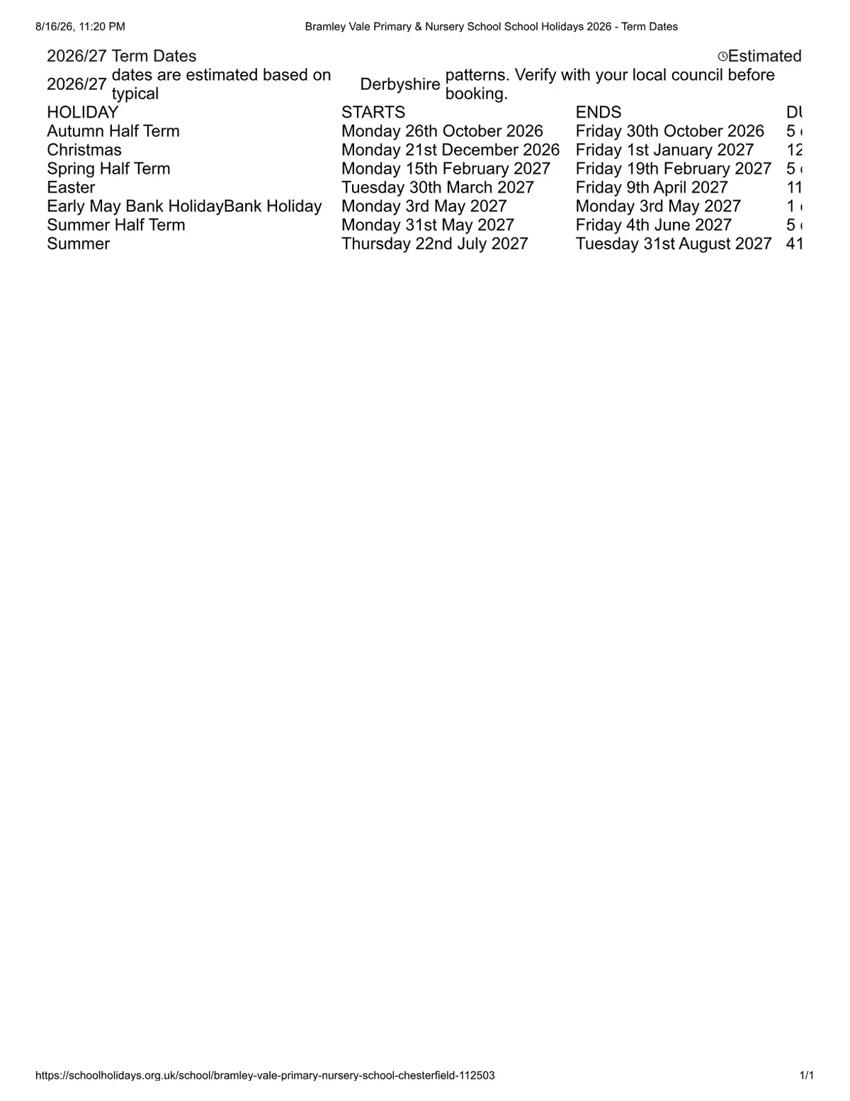 Bramley Vale Primary & Nursery School original calendar 2026–2027