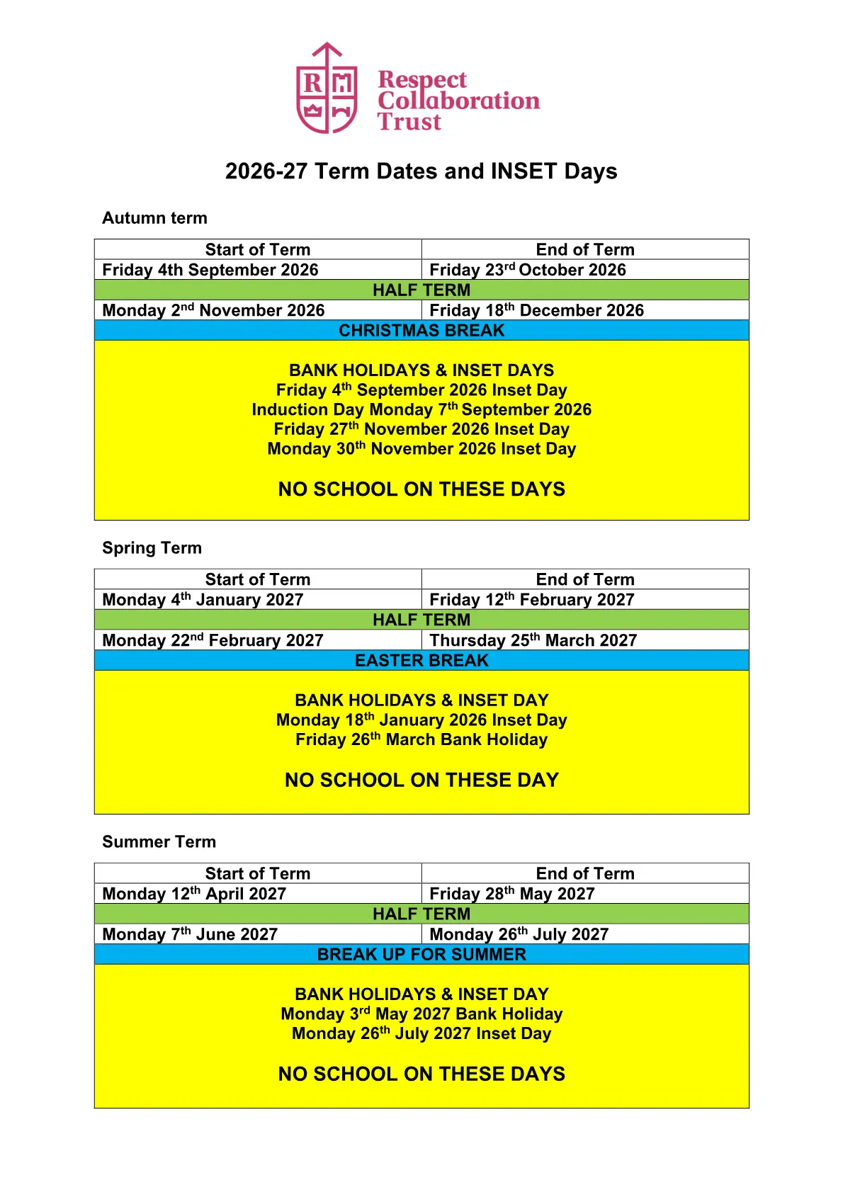 Bridge Street School term dates