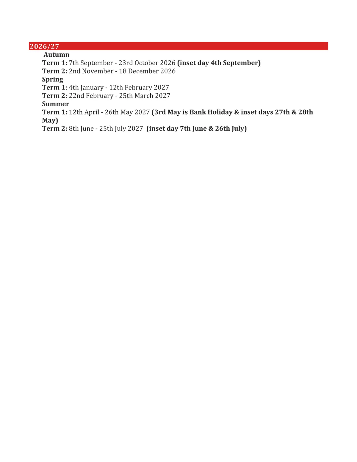 Brockwell Nursery and Infant School original calendar 2026–2027