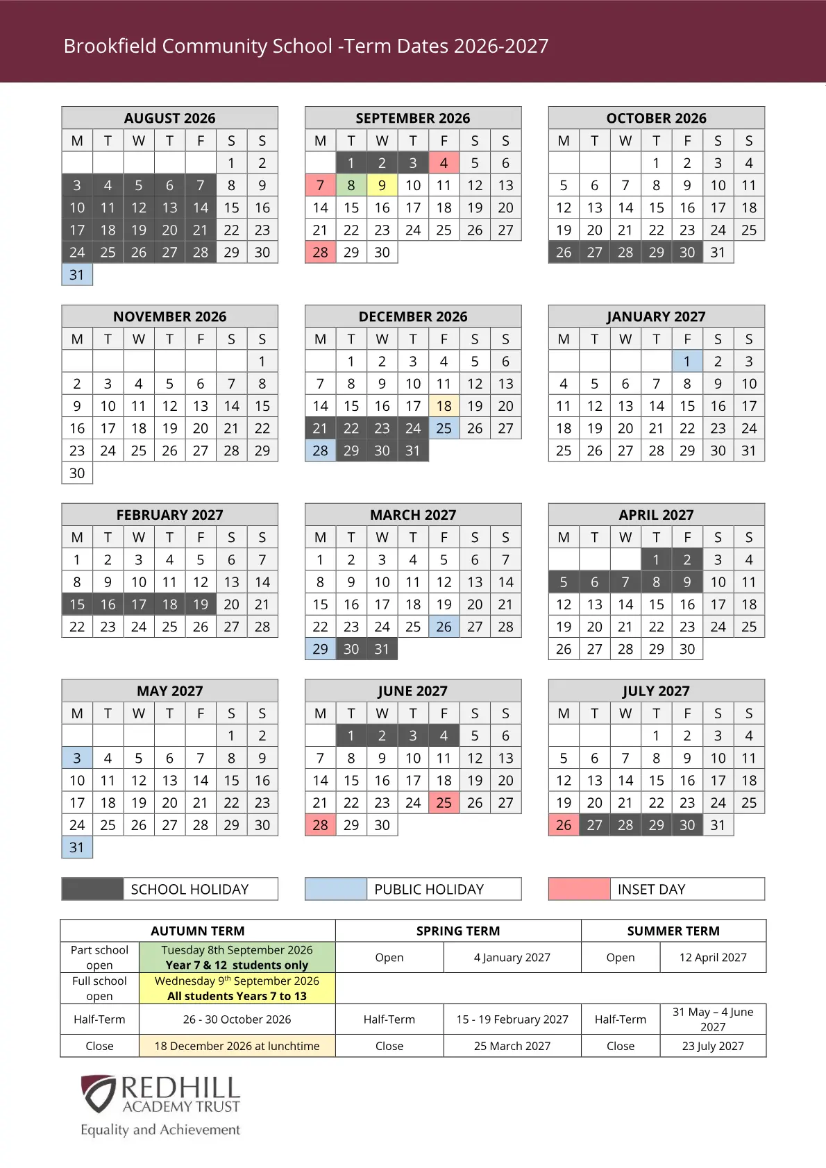 Brookfield Community School term dates