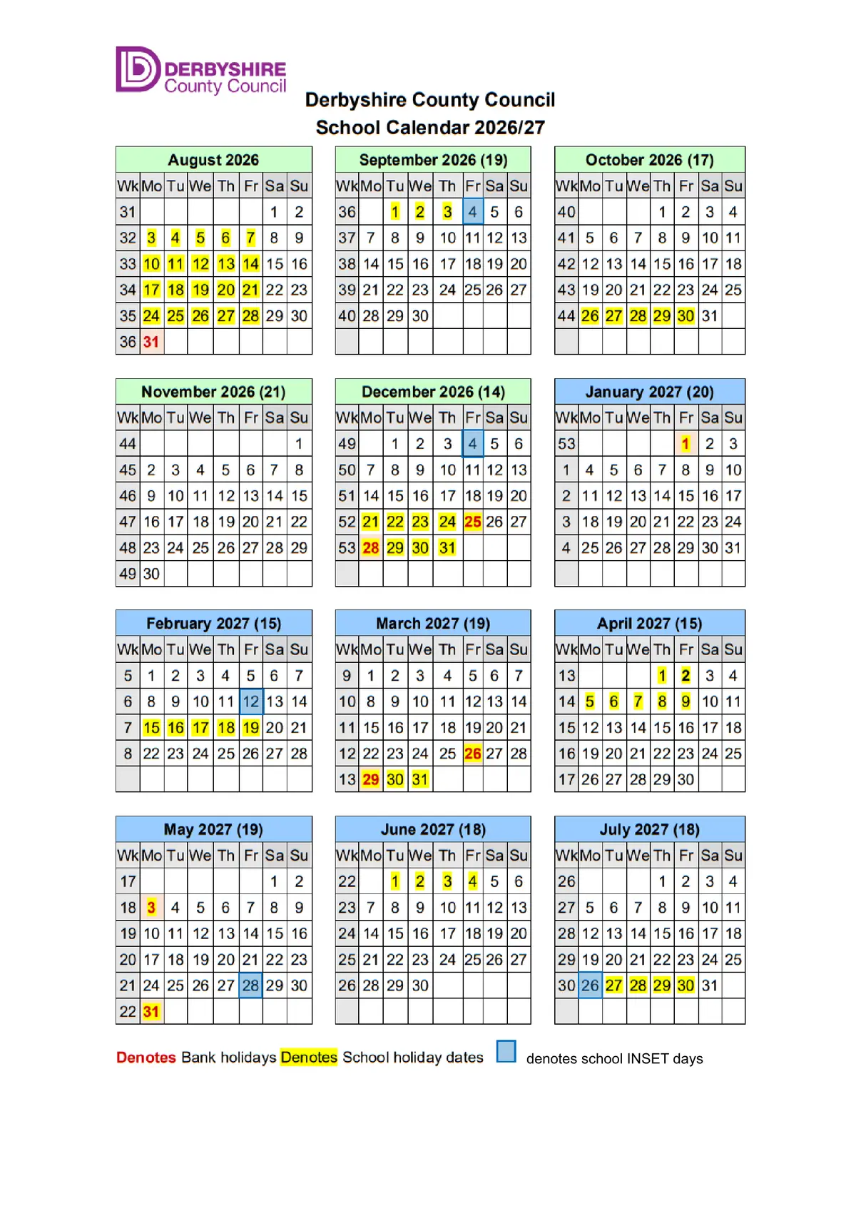 Brookfield Primary School original calendar 2026–2027